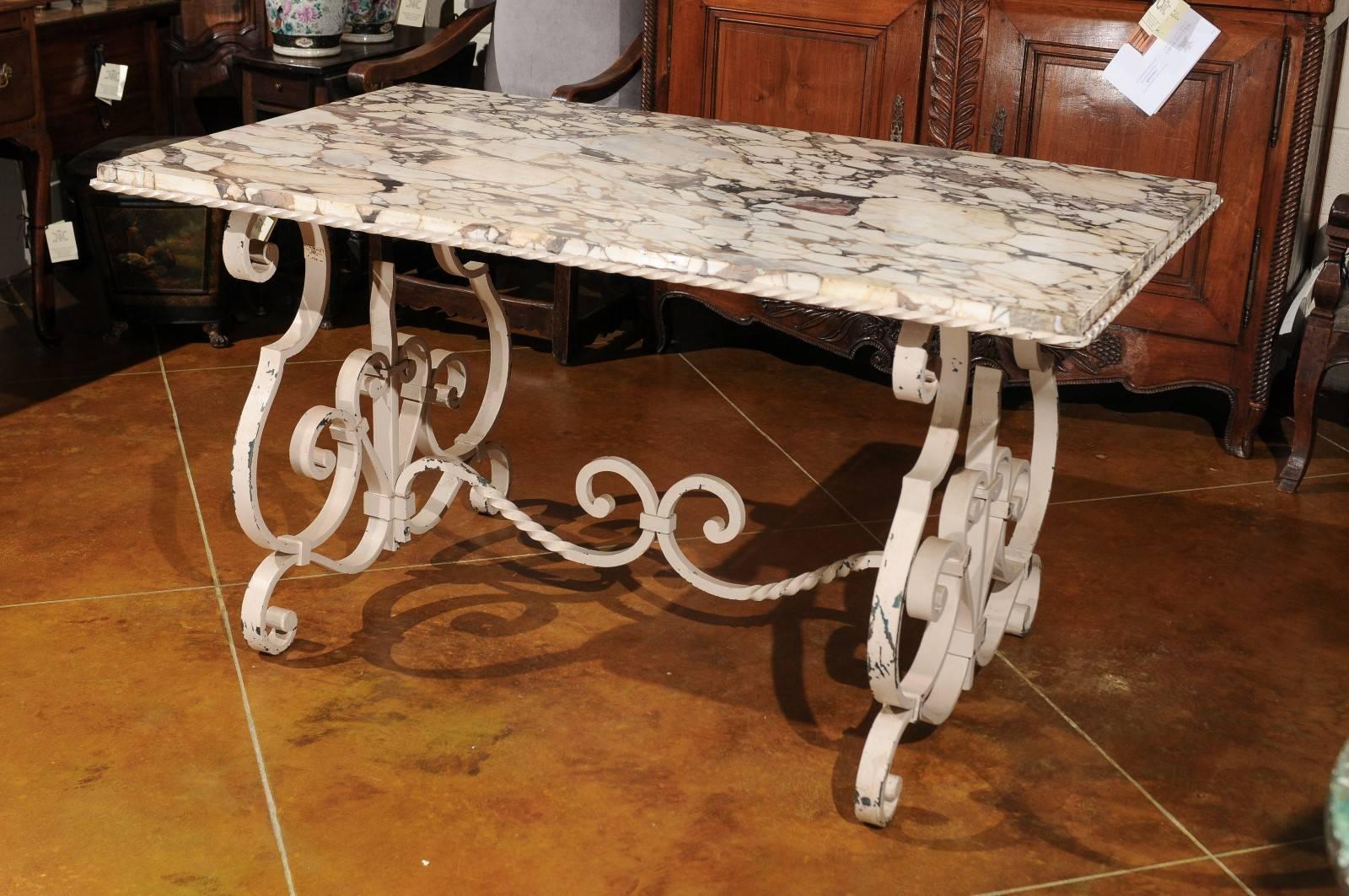 20th Century French White Painted Iron Garden Table with Marble Top For Sale 2