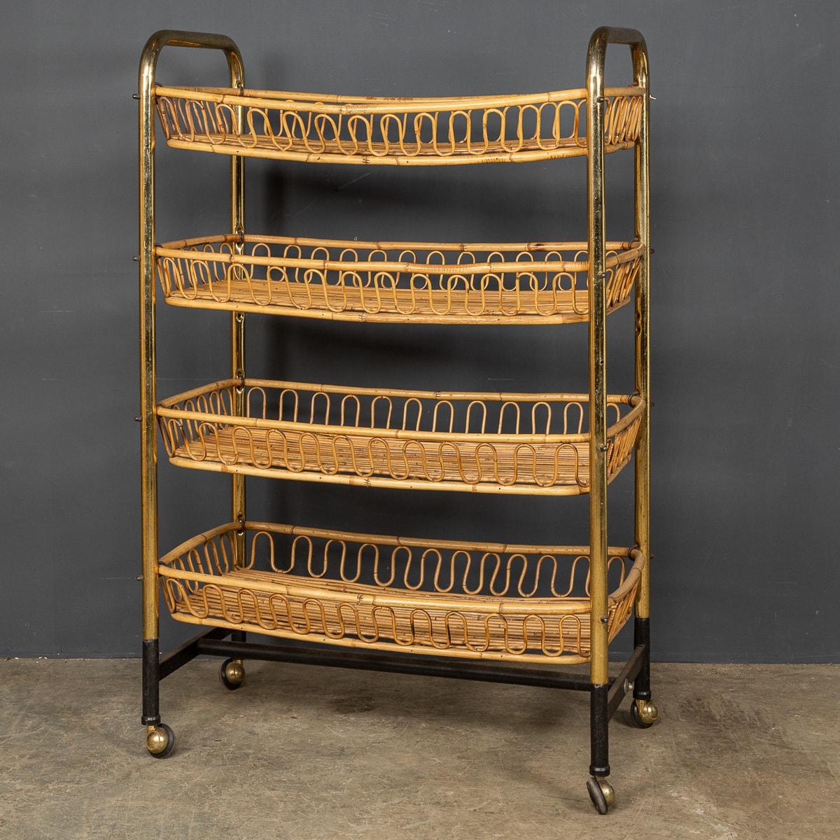 Antique early 20th century French large four tier wicker and brass trolley, used in hotels and restaurants, to display breads and pastries. Dating from before the Second World War.

CONDITION
In Great Condition - wear consistent with age, please