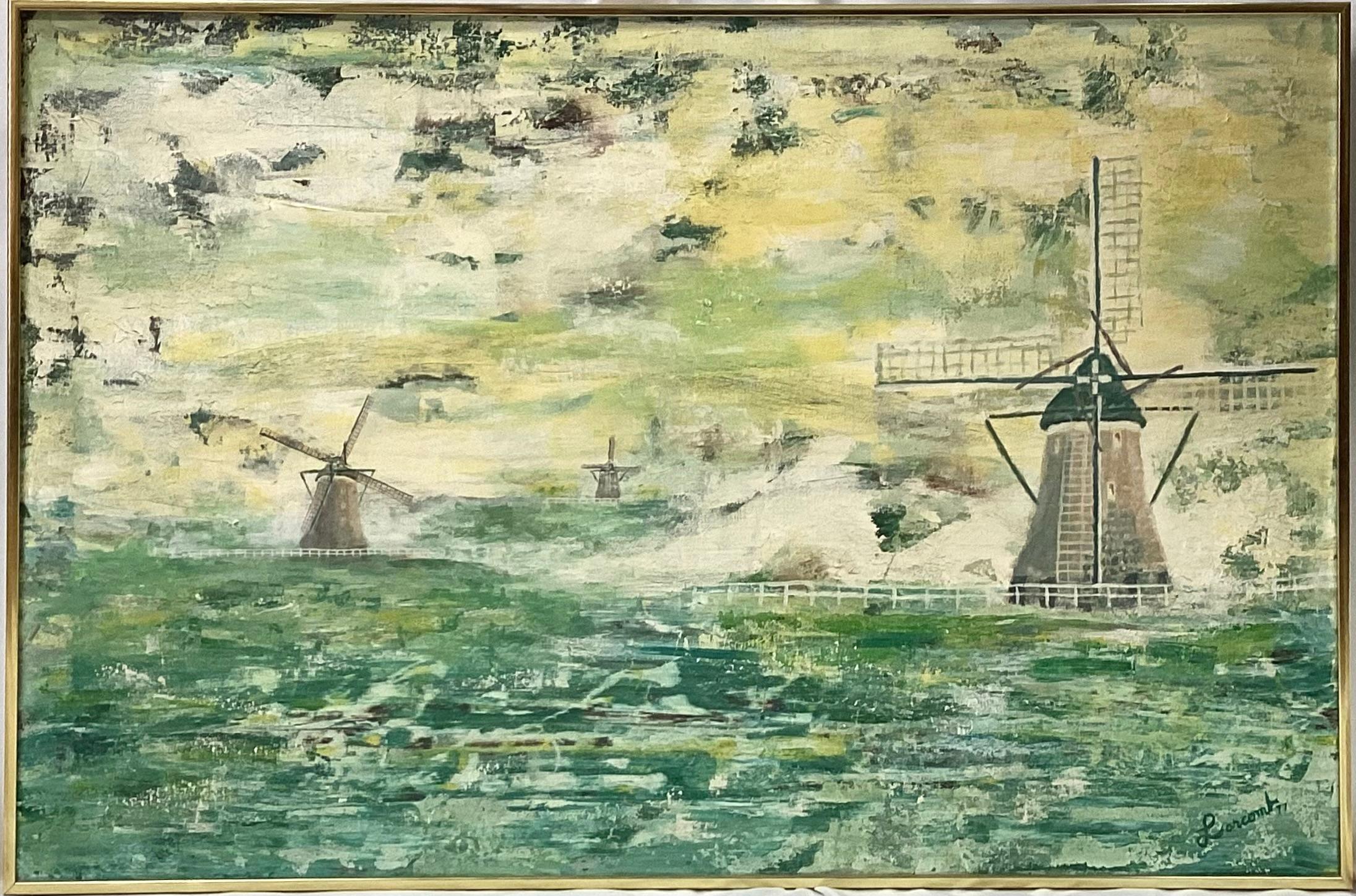 Bellissimo dipinto di paesaggio moderno francese della metà del XX secolo con mulini a vento. Il dipinto presenta sfumature di verde e giallo con tre mulini a vento abbronzati sullo sfondo. La firma nell'angolo inferiore destro sembra essere 