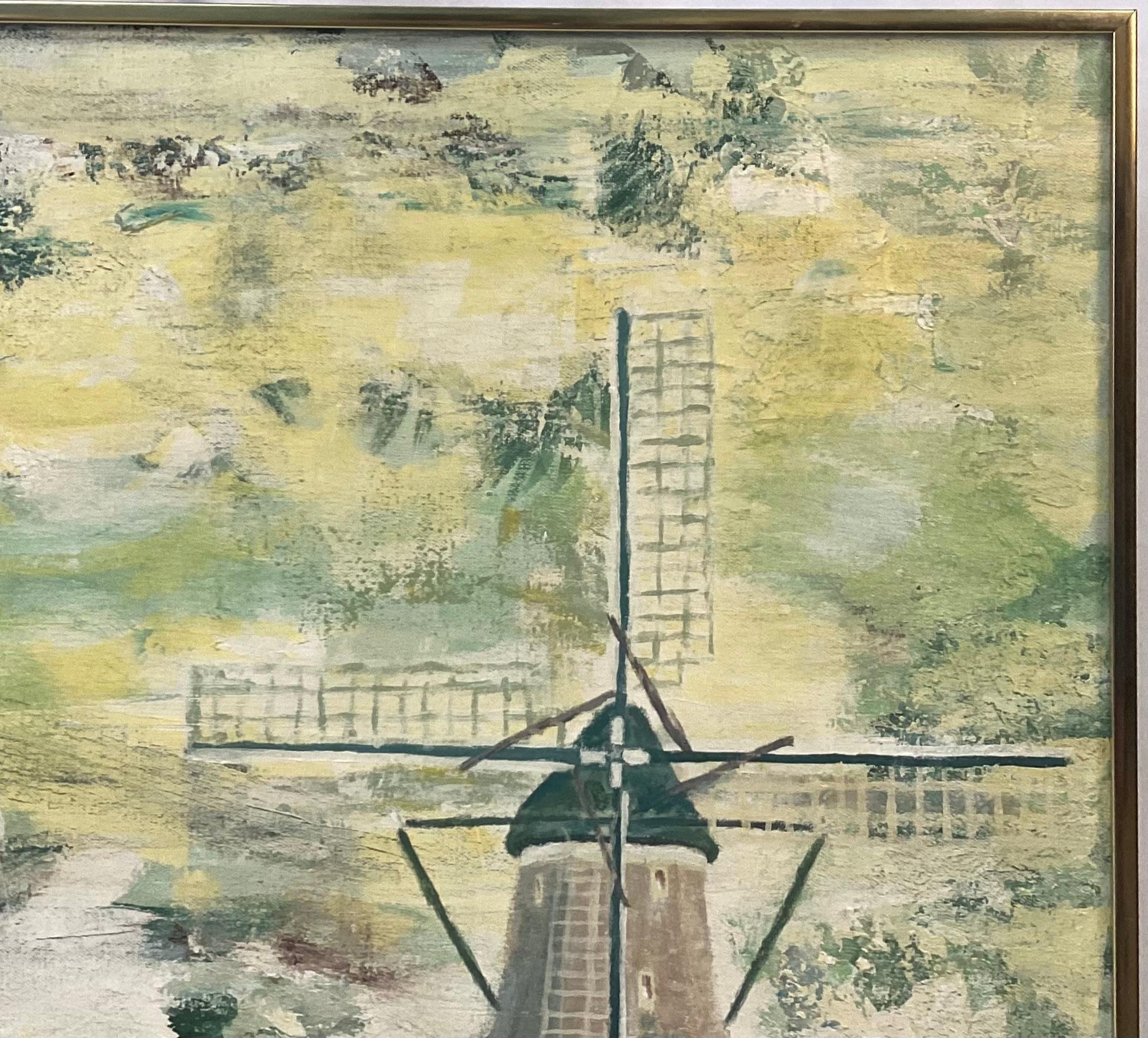 Mid-Century moderno Mulino a vento francese del XX secolo dipinto a olio su tela in vendita