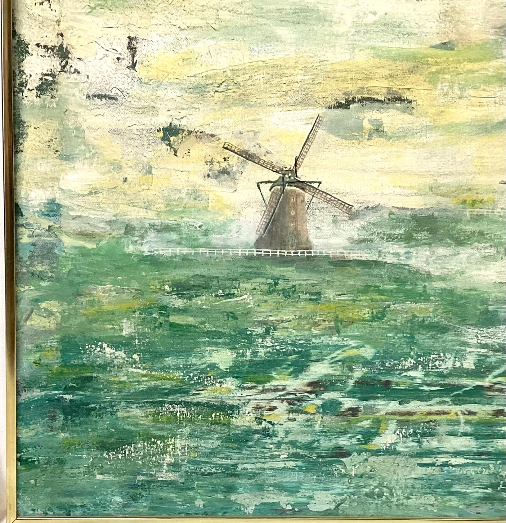Mulino a vento francese del XX secolo dipinto a olio su tela In condizioni buone in vendita a Bradenton, FL