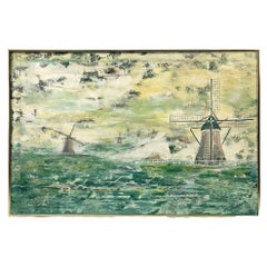 Peinture à l'huile sur toile d'un moulin à vent français du 20e siècle