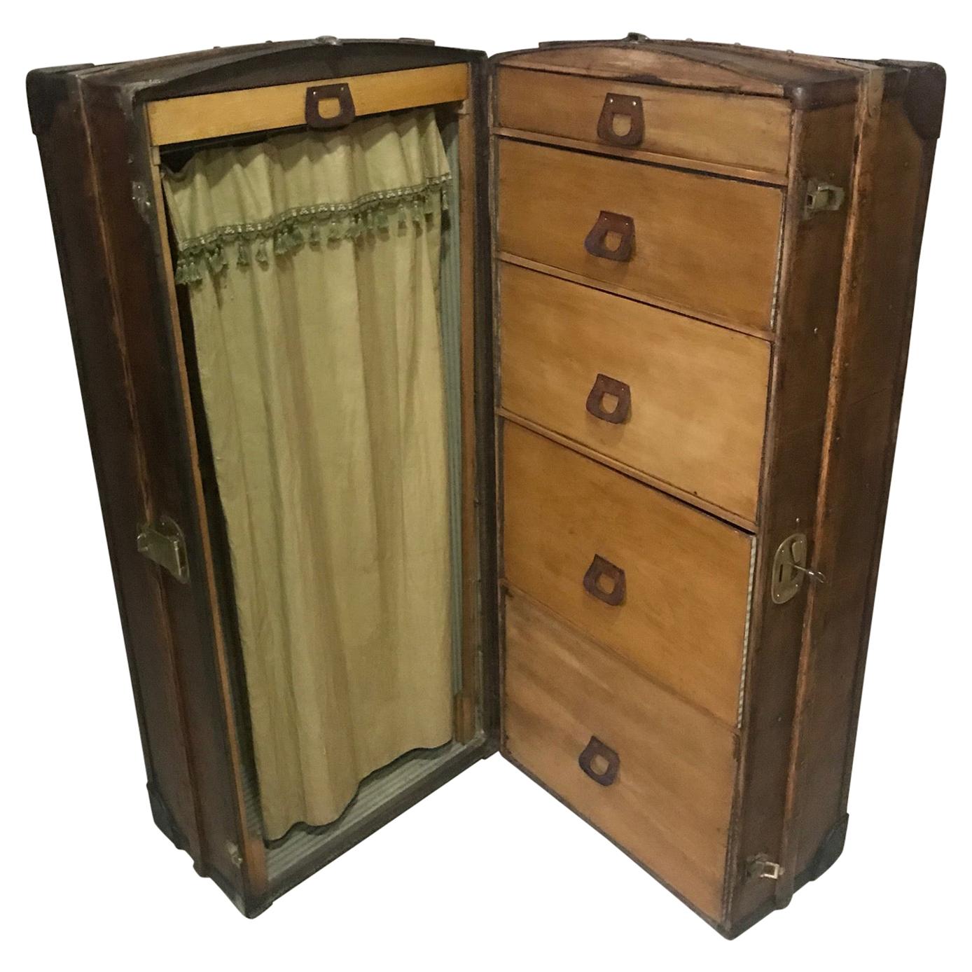 20th Century French Wood and Brass Cabin Wardrobe, 1920s