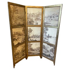 Antique 20th Century French Wood and Wallpaper Screen, 1920s