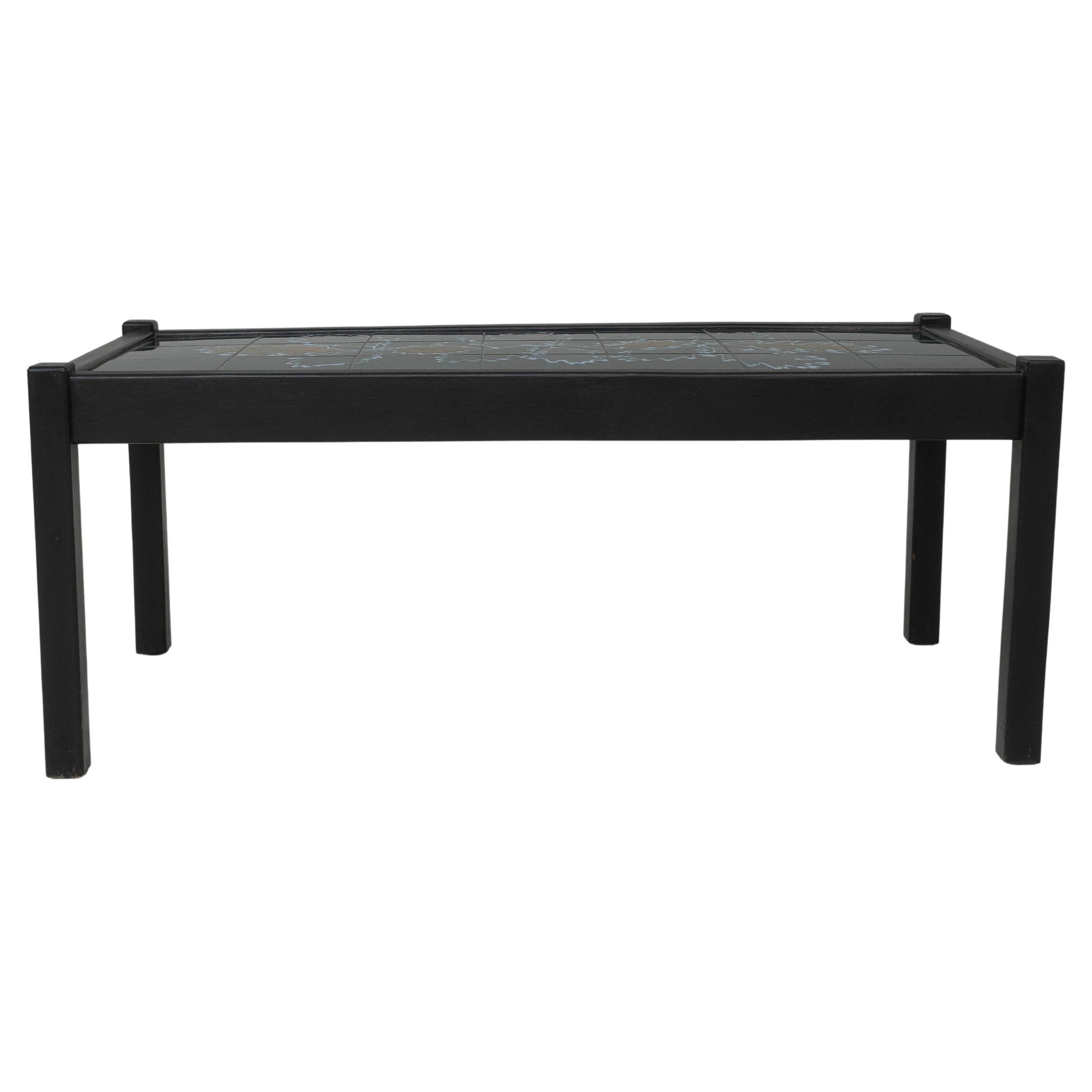 20th Century French Wood Black Patinated Coffee Table With Leaf Ceramic Top