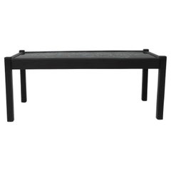 20th Century French Wood Black Patinated Coffee Table With Leaf Ceramic Top