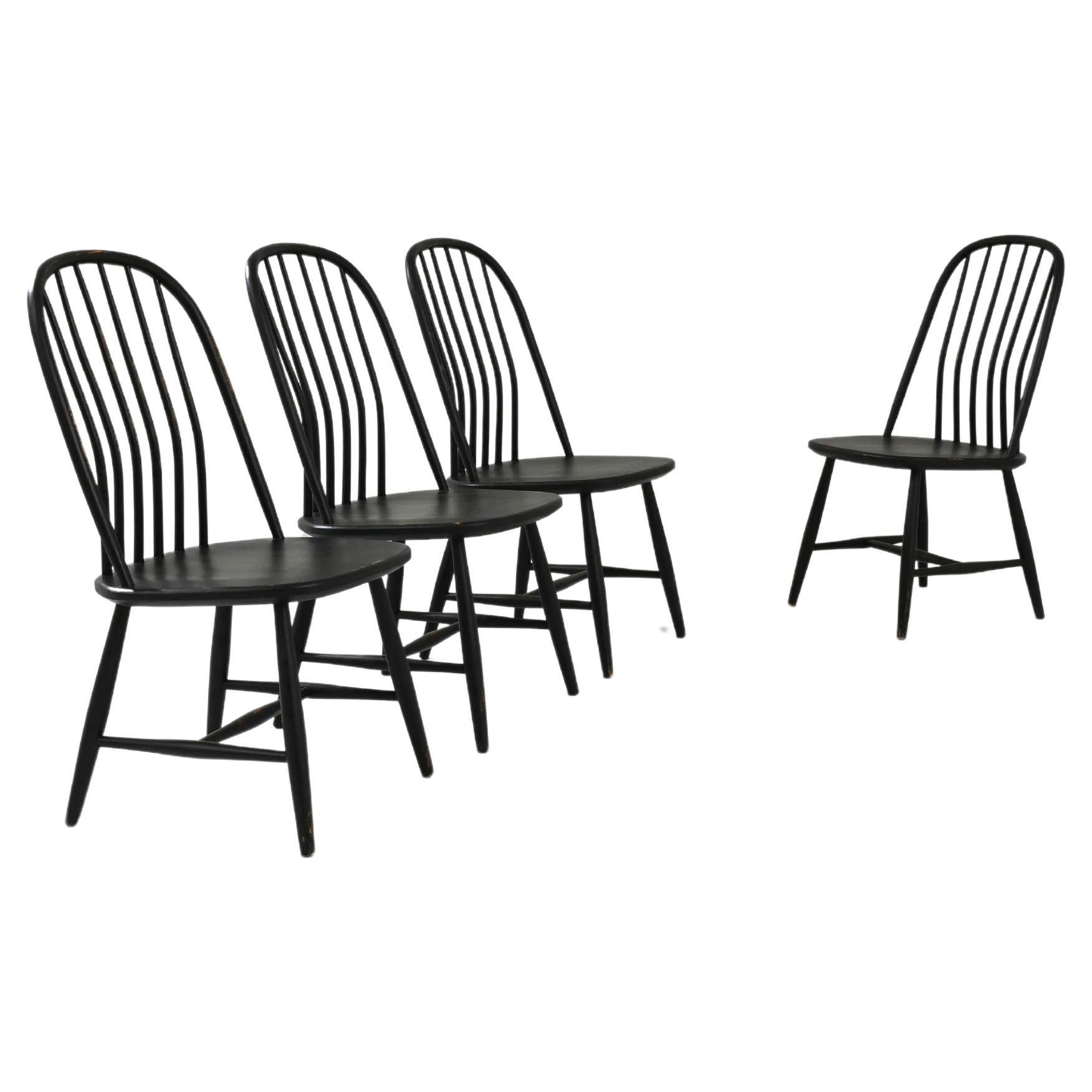 20th Century French Wood Patinated Black Dining Chairs, Set of 4 For Sale