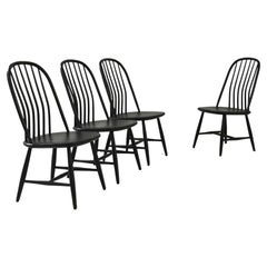 Vintage 20th Century French Wood Patinated Black Dining Chairs, Set of 4