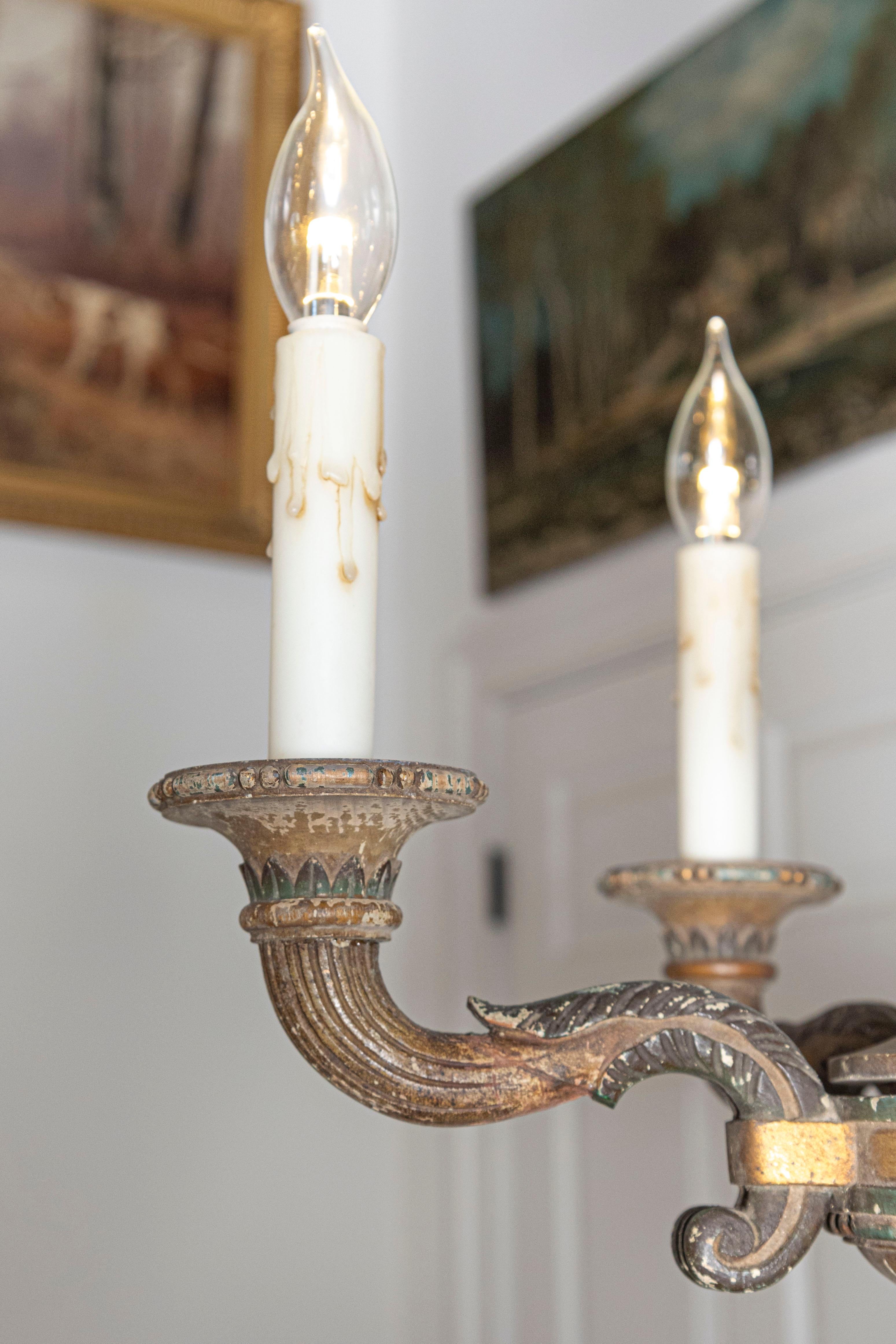 20th-Century French Wooden Chandelier with Candle-Style Fixtures For Sale 7