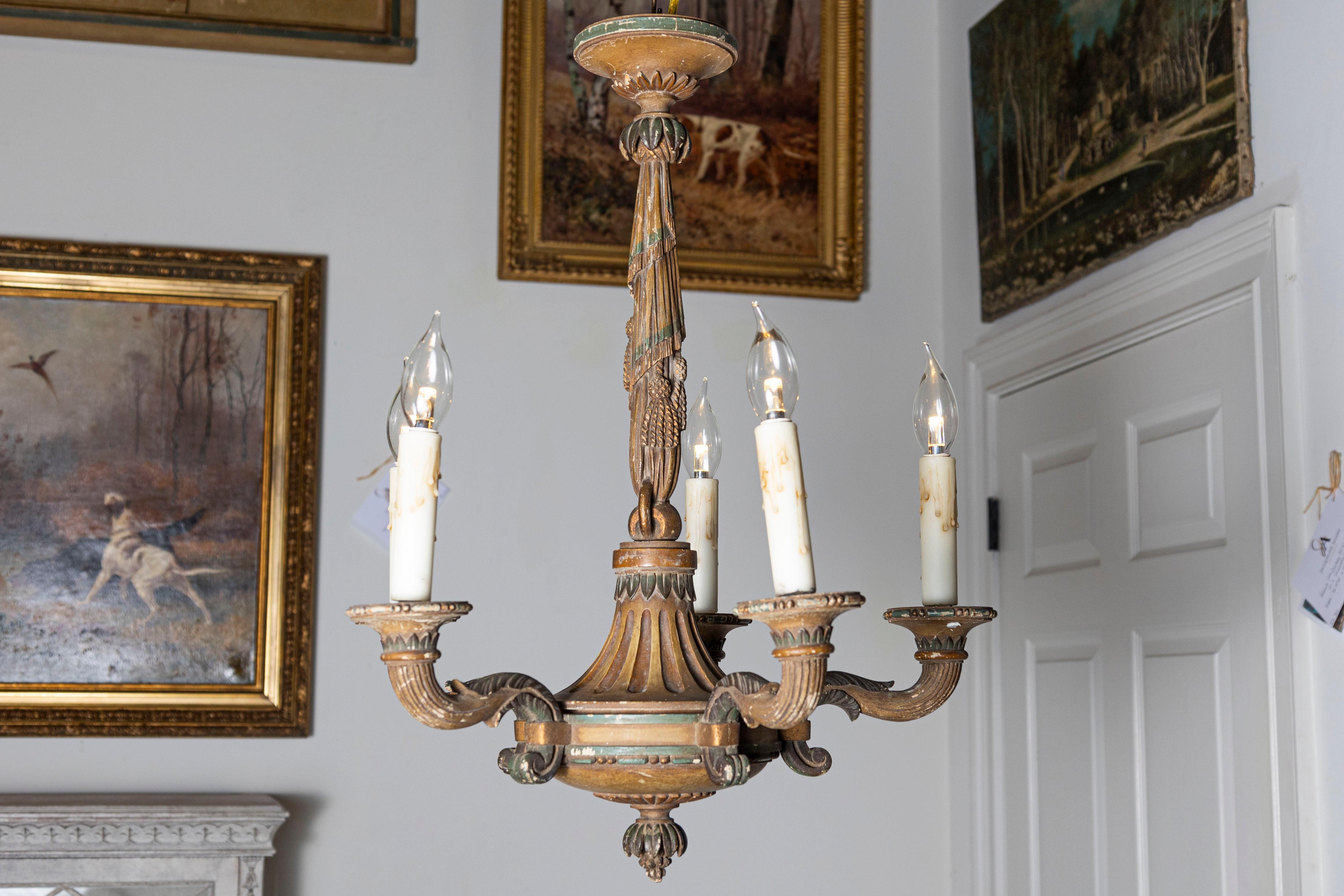 Carved 20th-Century French Wooden Chandelier with Candle-Style Fixtures For Sale