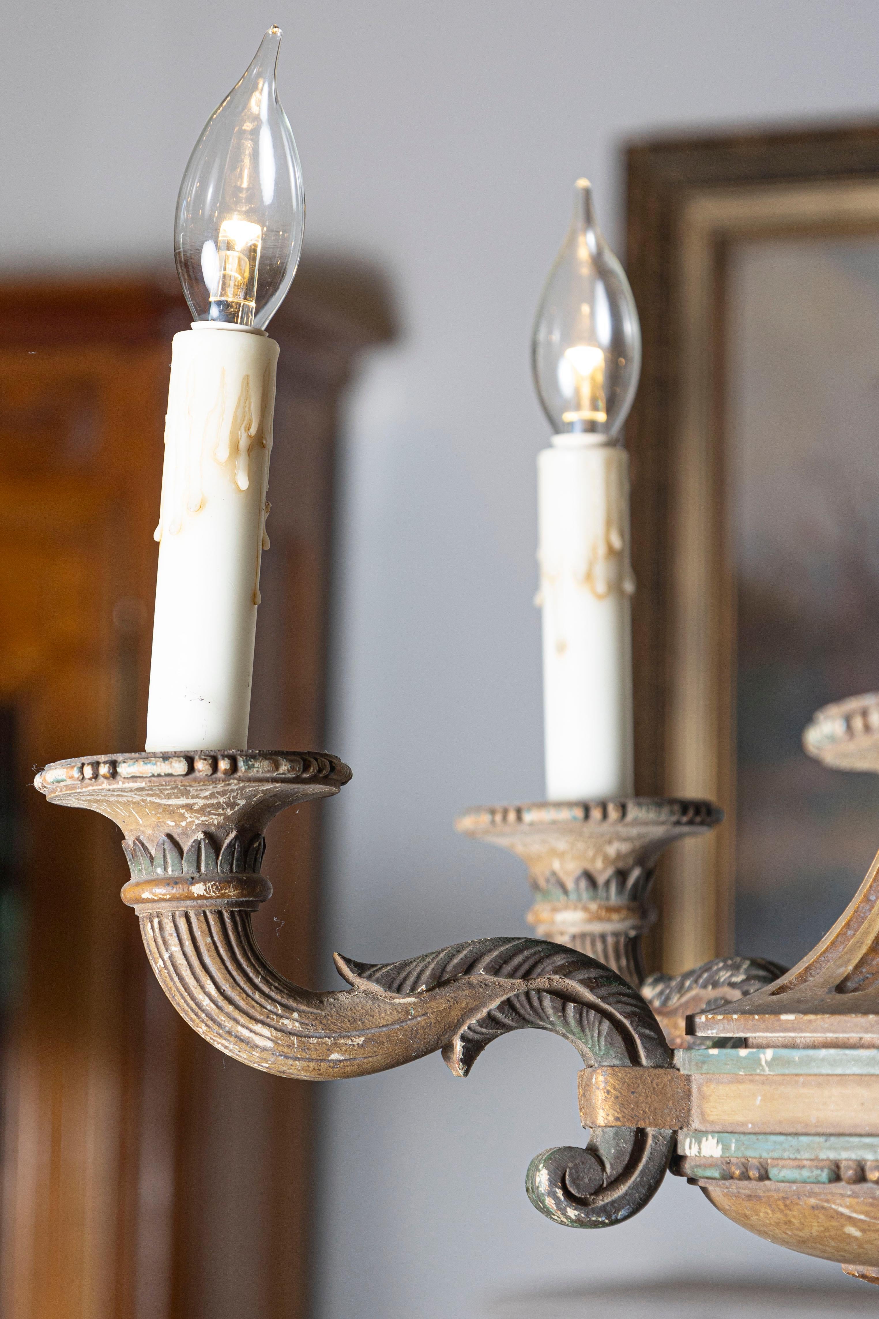 20th Century 20th-Century French Wooden Chandelier with Candle-Style Fixtures For Sale
