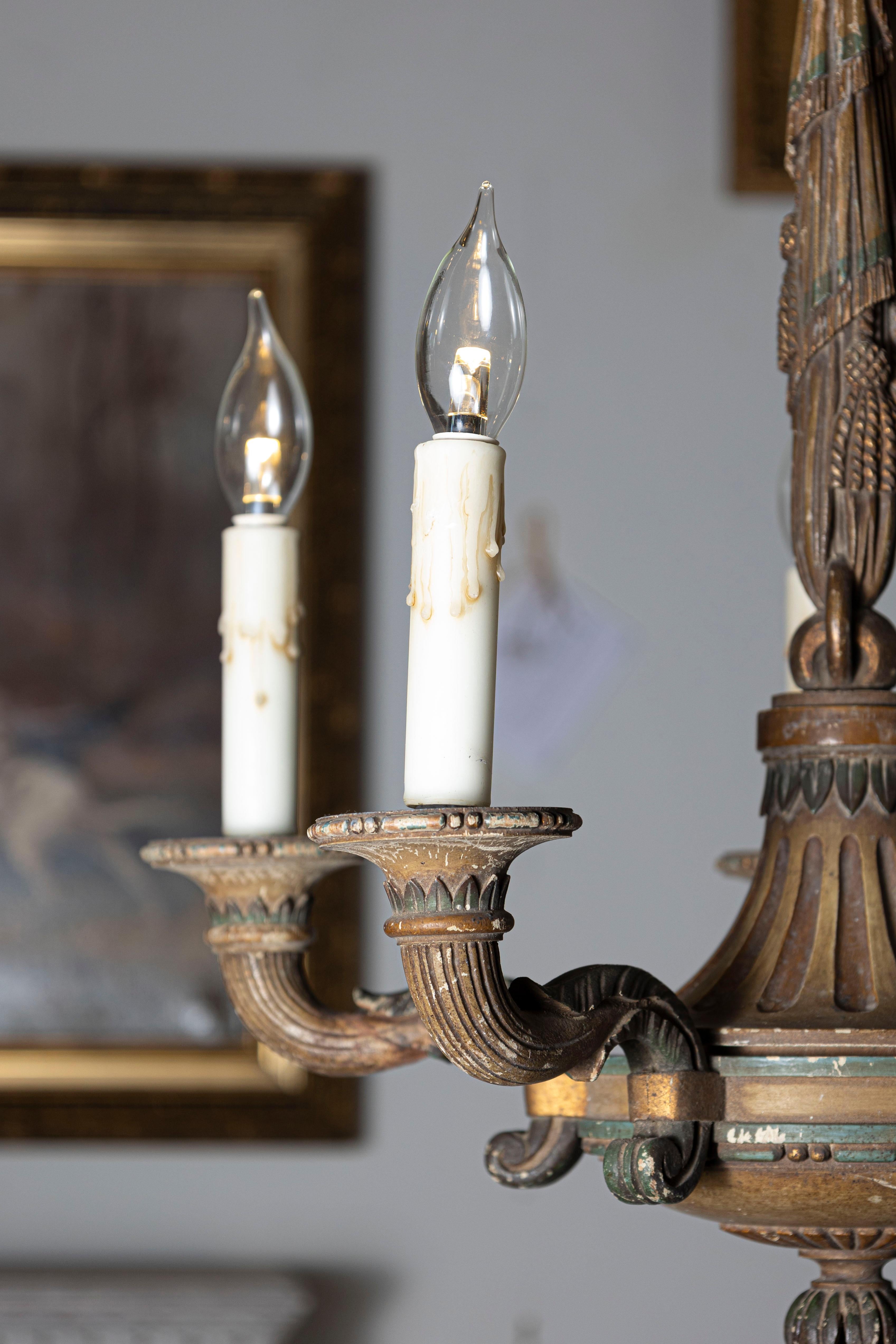 20th-Century French Wooden Chandelier with Candle-Style Fixtures For Sale 1
