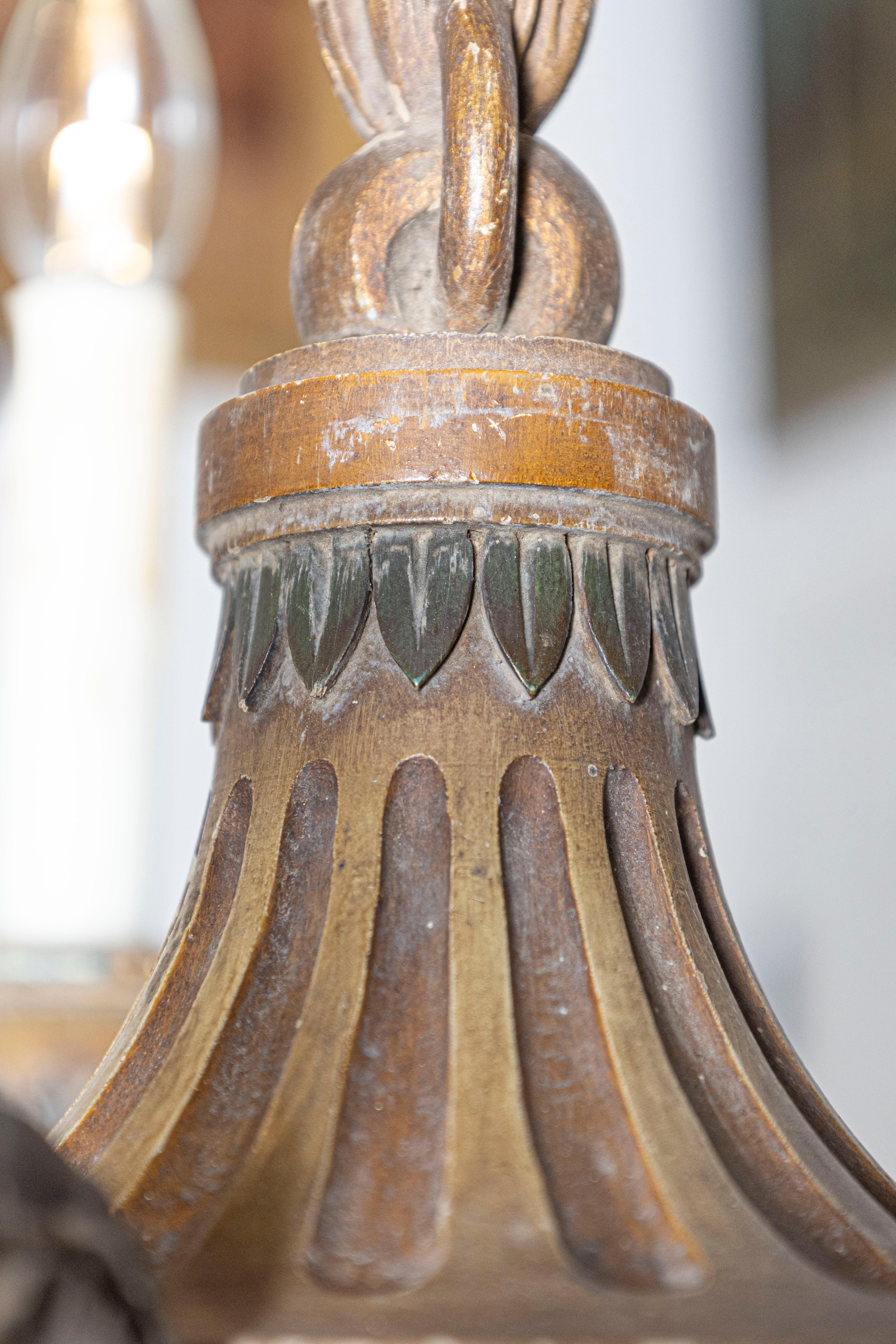 20th-Century French Wooden Chandelier with Candle-Style Fixtures For Sale 4