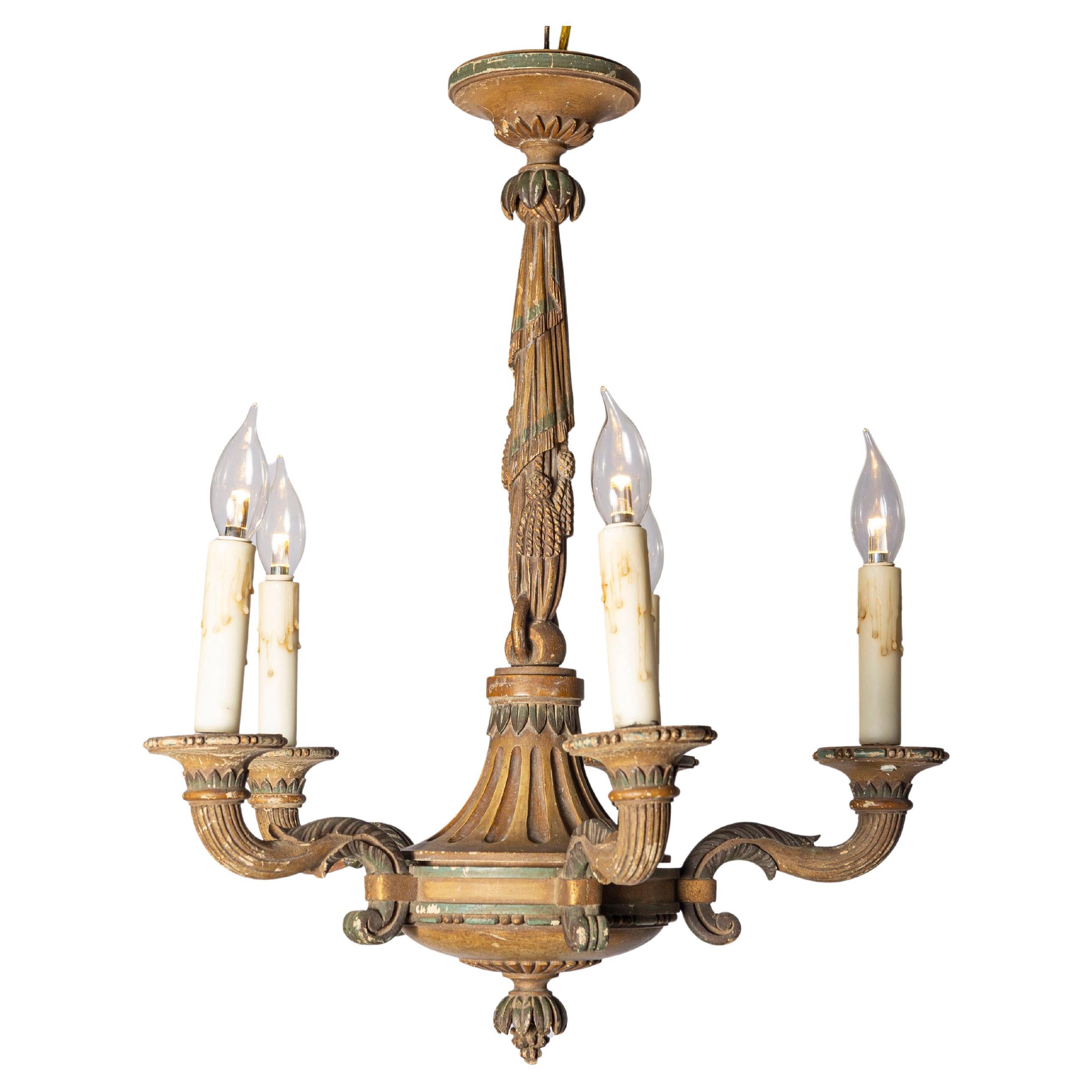20th-Century French Wooden Chandelier with Candle-Style Fixtures For Sale