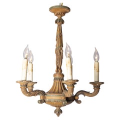 20th-Century French Wooden Chandelier with Candle-Style Fixtures