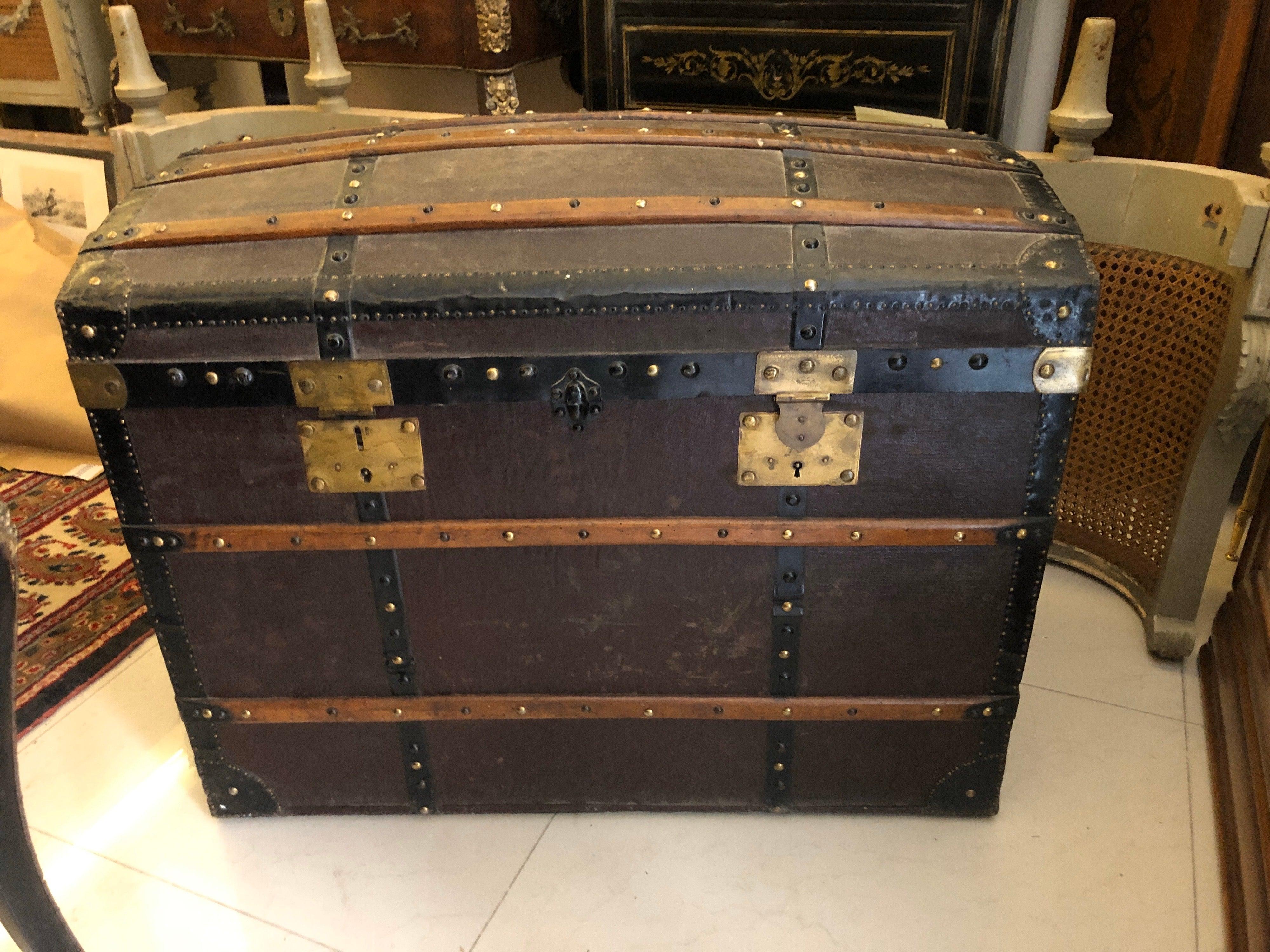 20th Century French Wooden Coffer or Trunk Covered with Black Leather For Sale