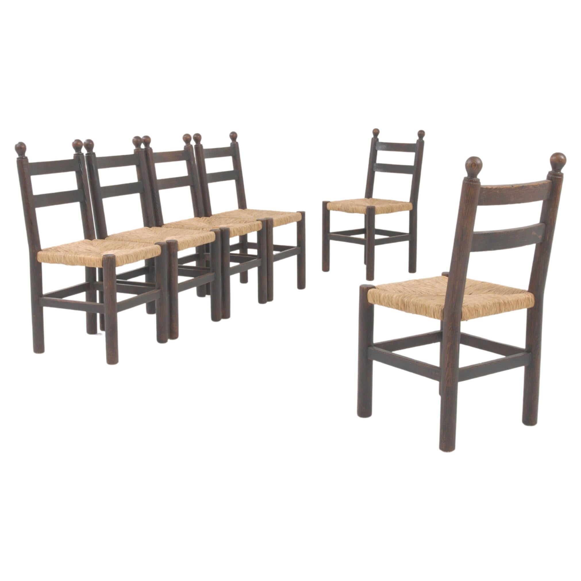 20th Century French Wooden Dining Chairs With Wicker Seats, Set of 6 For Sale