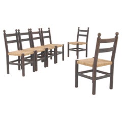 Used 20th Century French Wooden Dining Chairs With Wicker Seats, Set of 6
