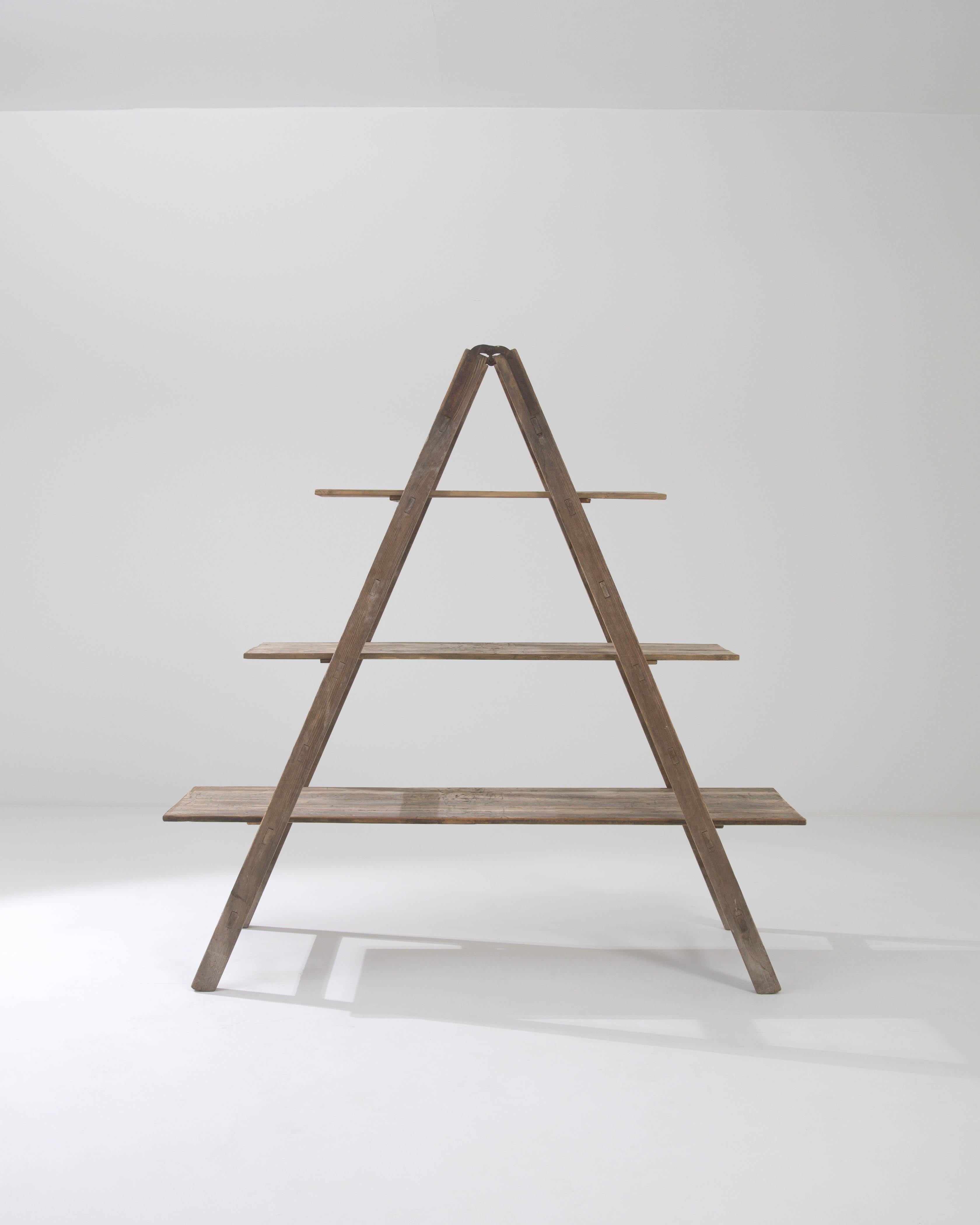 A wooden shelving unit made in 20th century, France. This shelving unit is composed with a vintage fruit picking ladder teepeed together with slats of wood fit across its rungs, forming three shelves. A pleasing triangular structure, this elegant