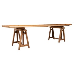 20th Century French Wooden Trestle Table With Sawhorse Base