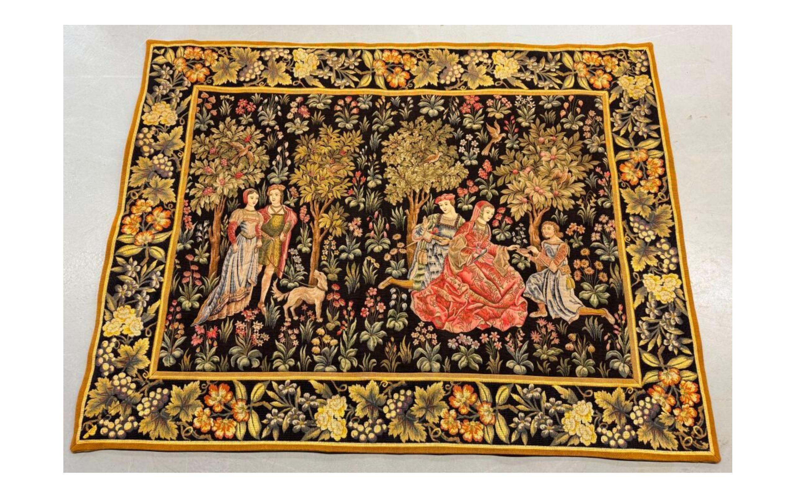 French wool tapestry representing a scene with characters and animals on a background of wood. 
circa 19s0
Measures: 130 x 135 cm.
 