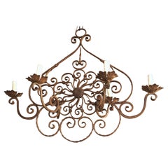 20th Century French Wrought and Scrolled Iron 6-Light Chandelier, L-51 inches