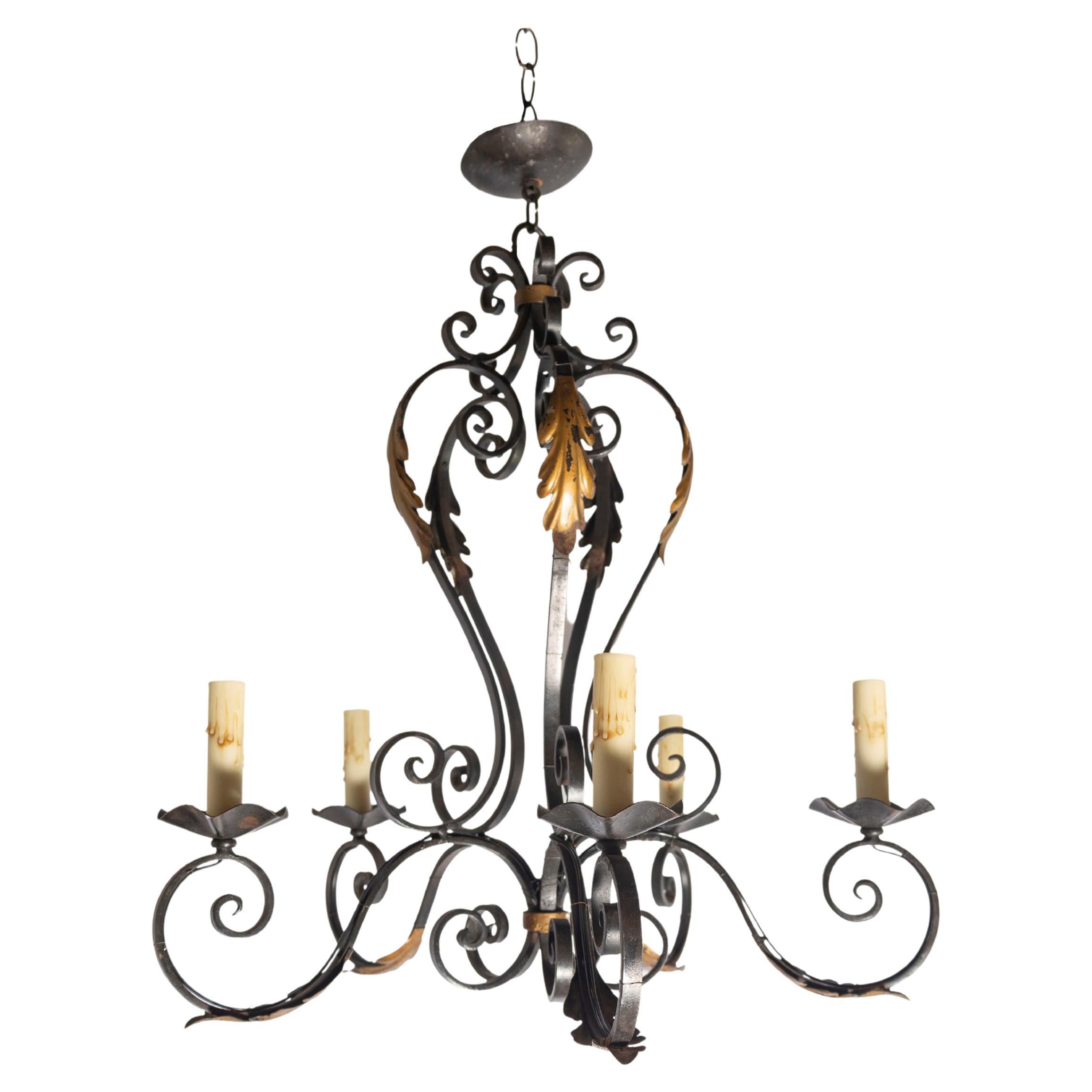 20th Century French Wrought Iron and Gilt Tole Chandelier