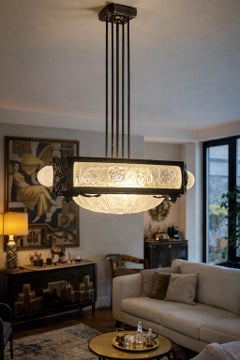 20th century French Wrought Iron and Glass Art Deco Chandelier, 1930s
