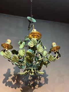 20th Century French Wrought Iron Chandelier with Hand Painted Metal Leaves