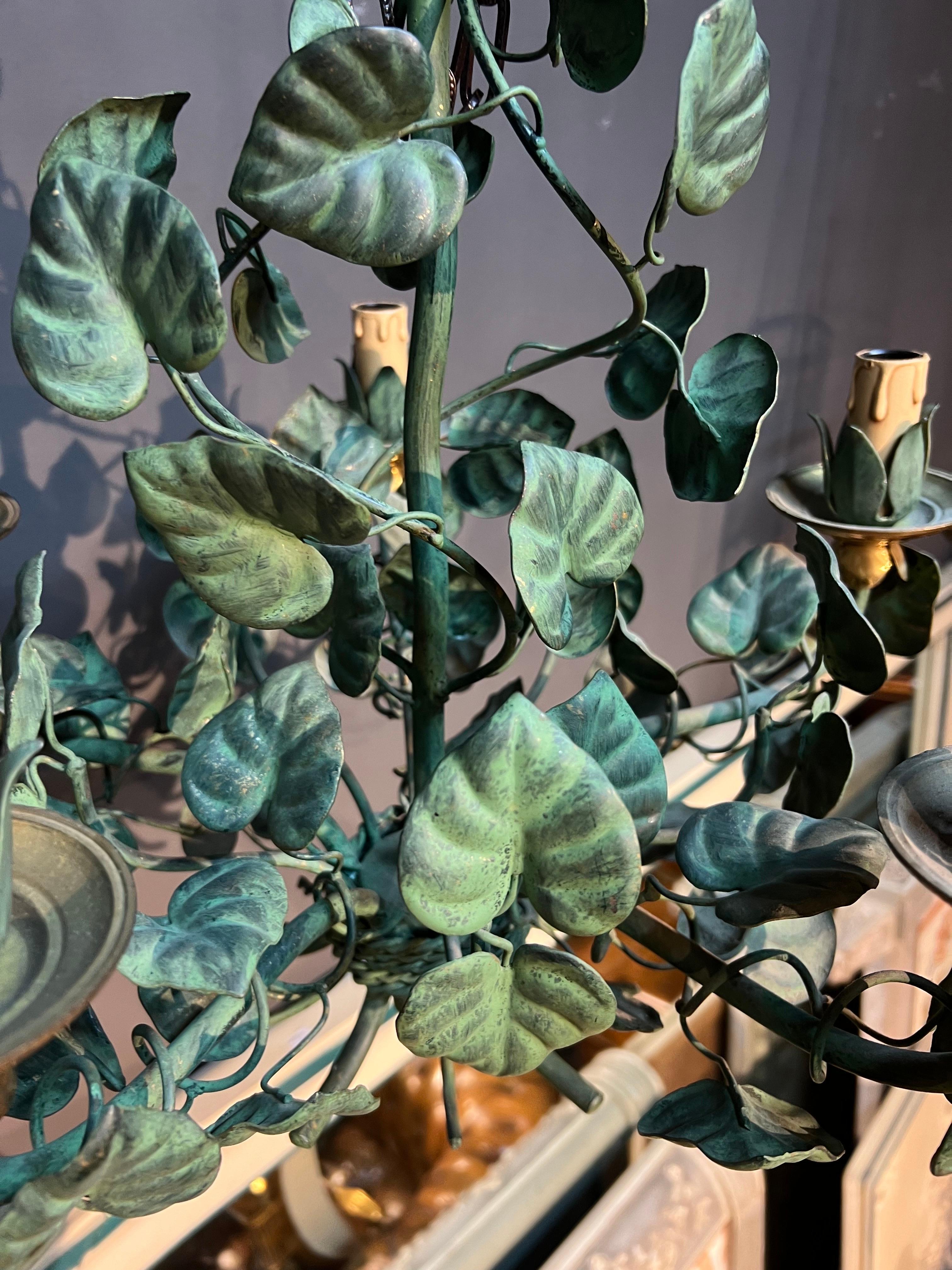 Hand-Painted 20th Century French Wrought Iron Chandelier with Hand Painted Metal Leaves For Sale