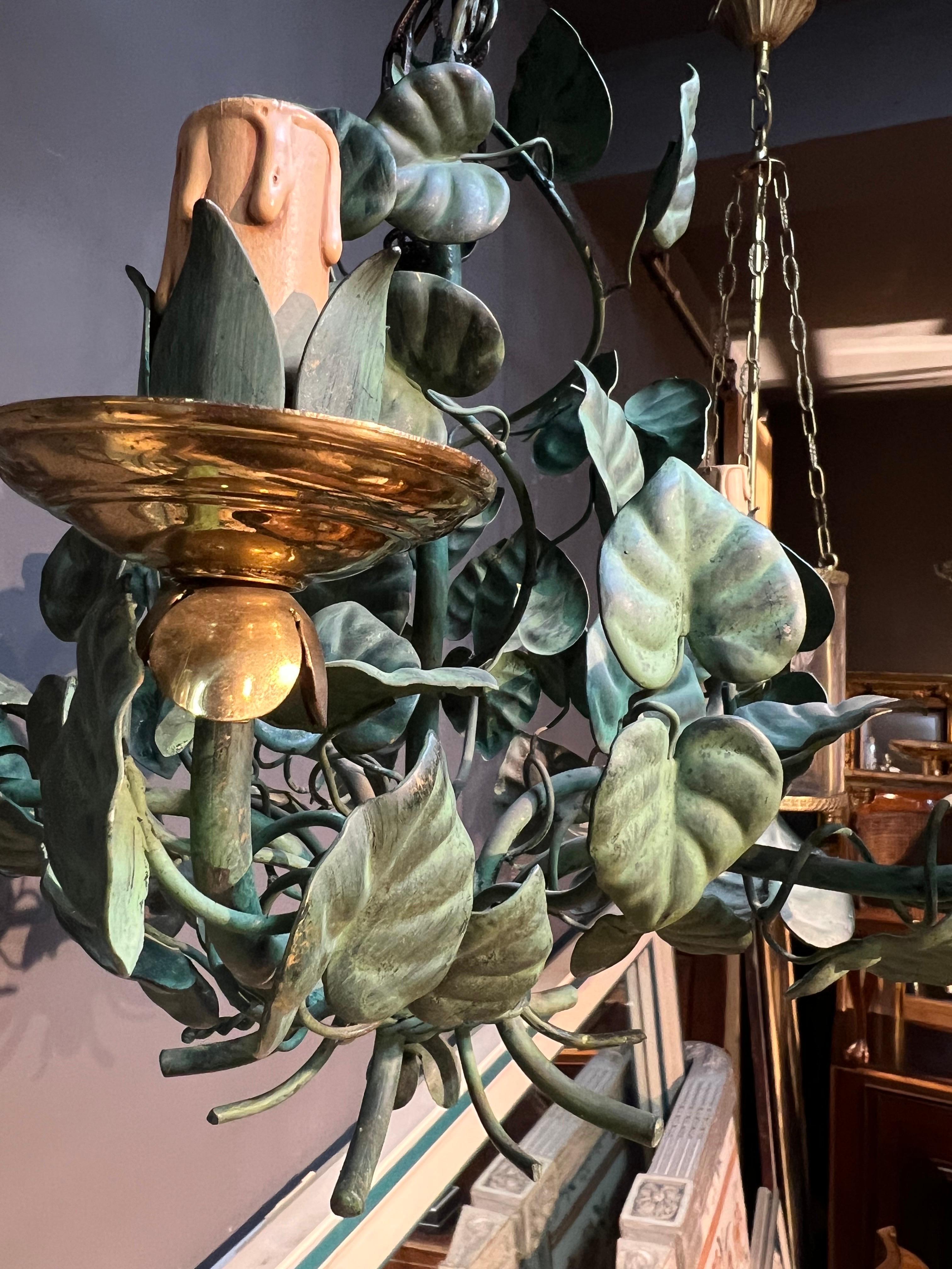 20th Century French Wrought Iron Chandelier with Hand Painted Metal Leaves For Sale 2