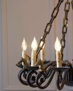 20th-Century French Wrought Iron Chandelier with Horse-Head Details