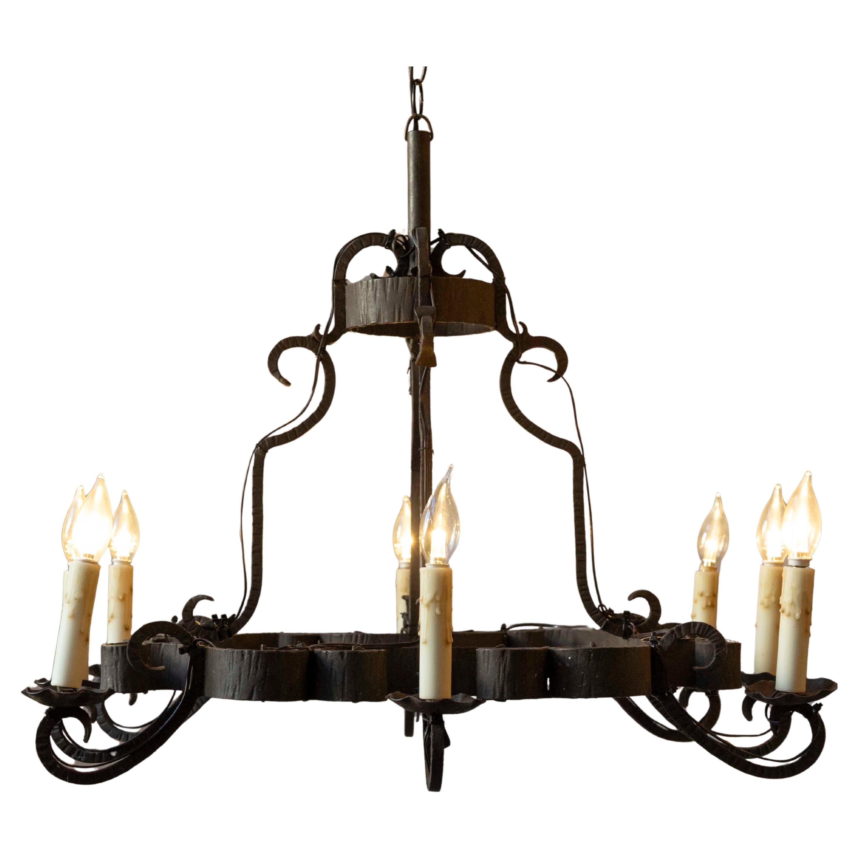 20th-Century French Wrought Iron Chandelier with Scrollwork Arms