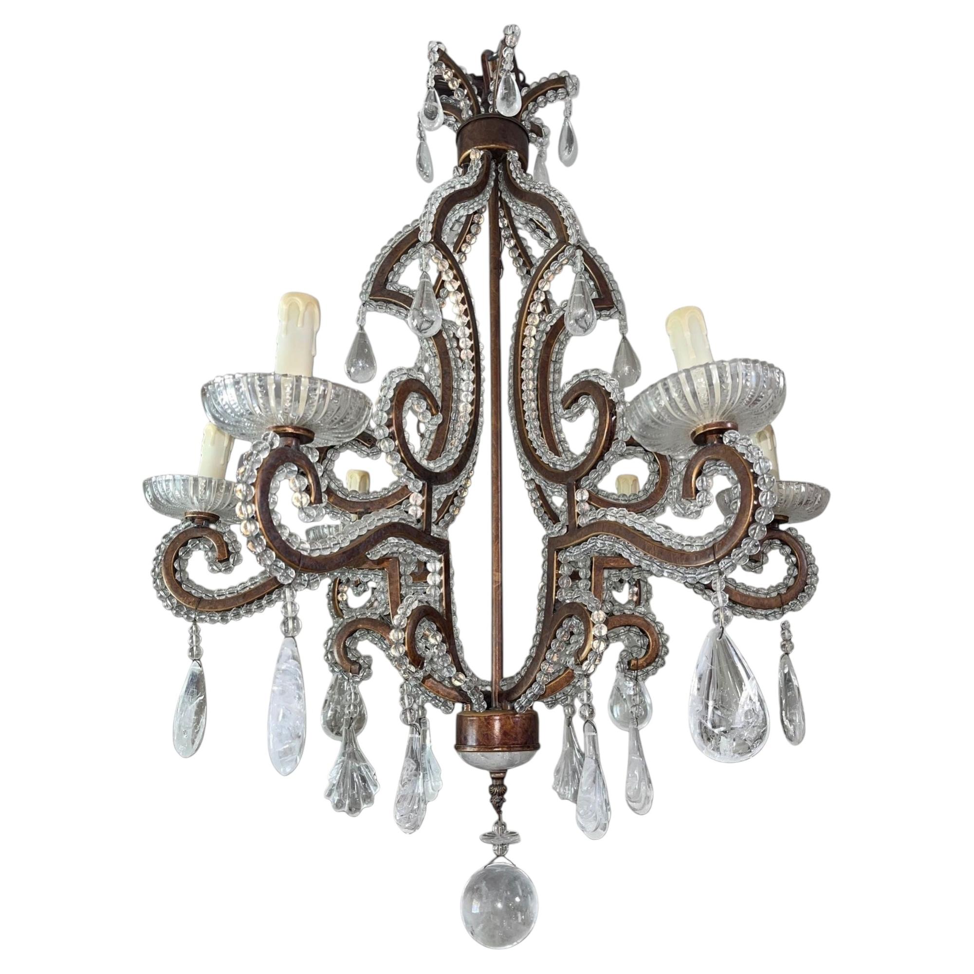 20th Century French Wrought Iron Rock Crystal Chandelier