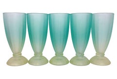 20th Century Frosted Satin Two-Tone Glass Footed Parfait Tumblers S/5