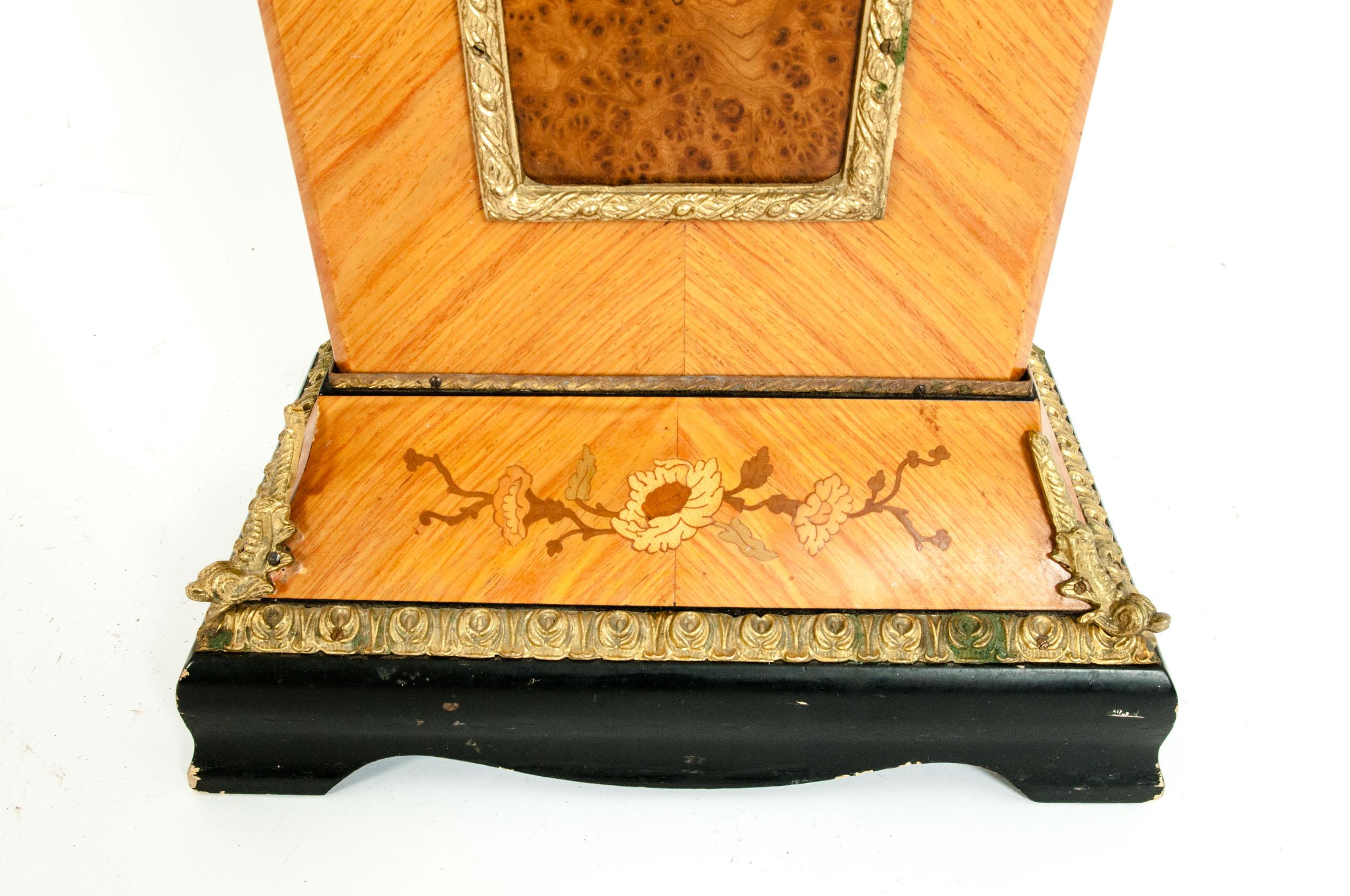 European 20th Century Fruitwood Veneer Case Tiffany Mantel Clock / Pedestal