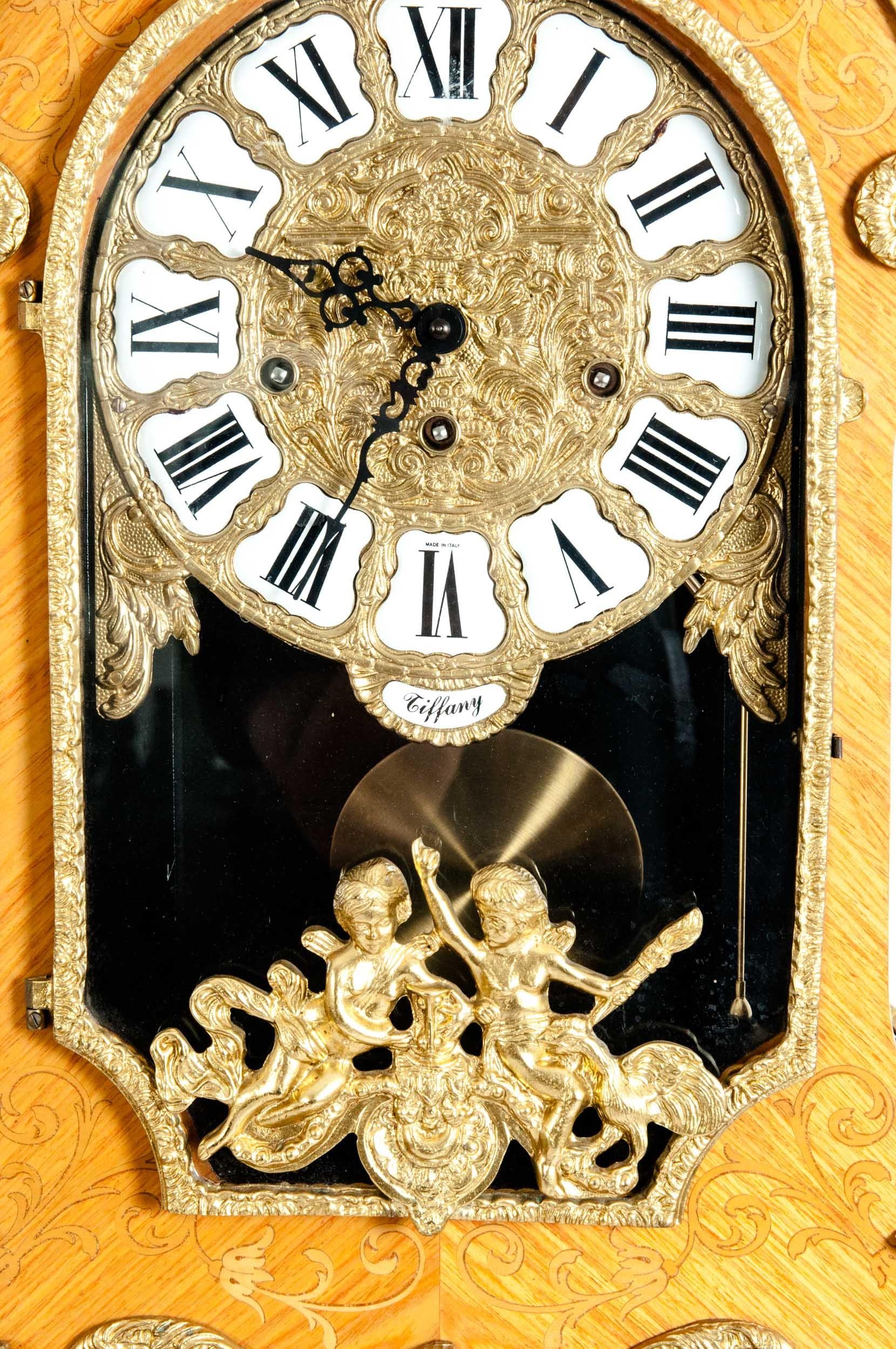 Bronze 20th Century Fruitwood Veneer Case Tiffany Mantel Clock / Pedestal