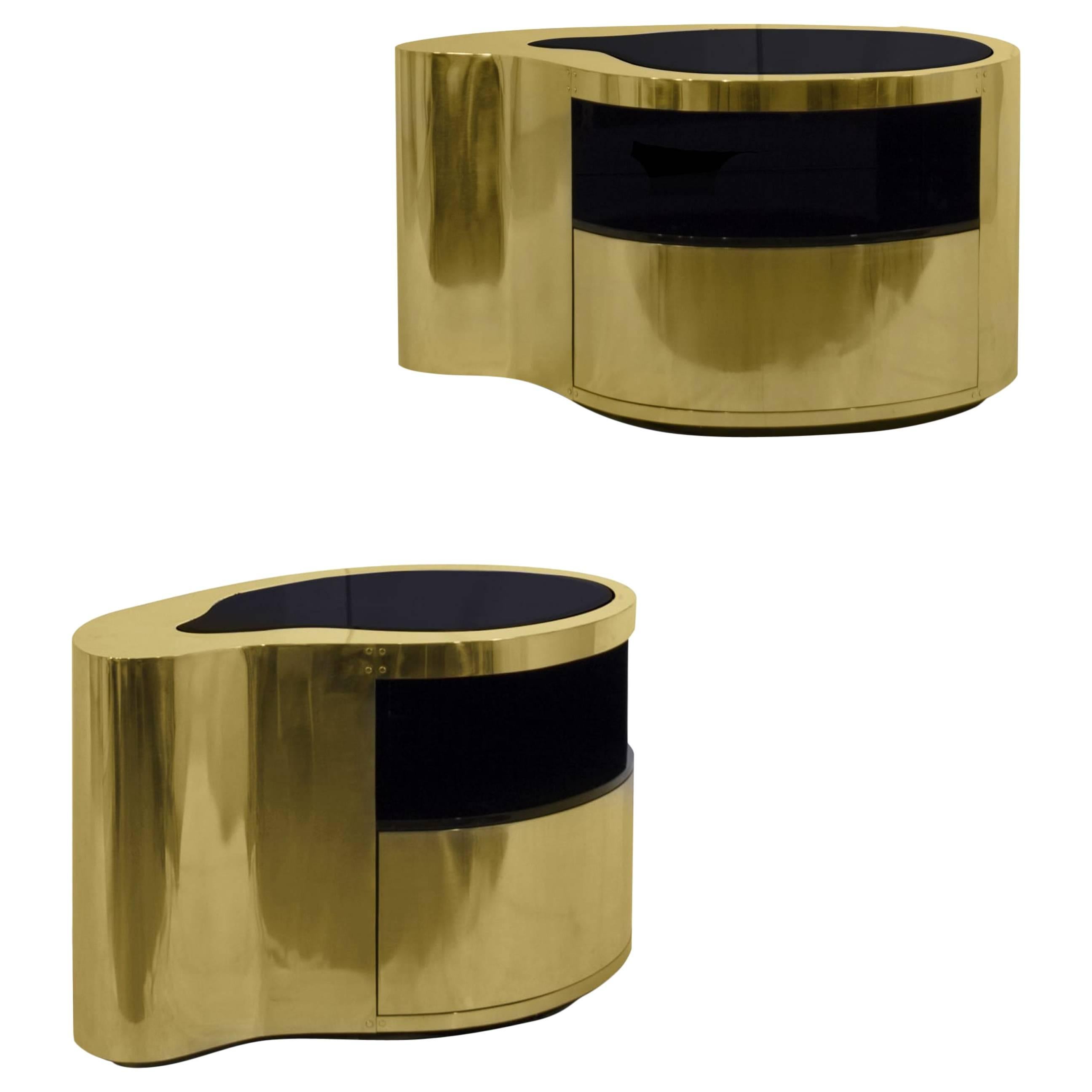 20th Century Inspired Curved Brass Nightstand End Tables