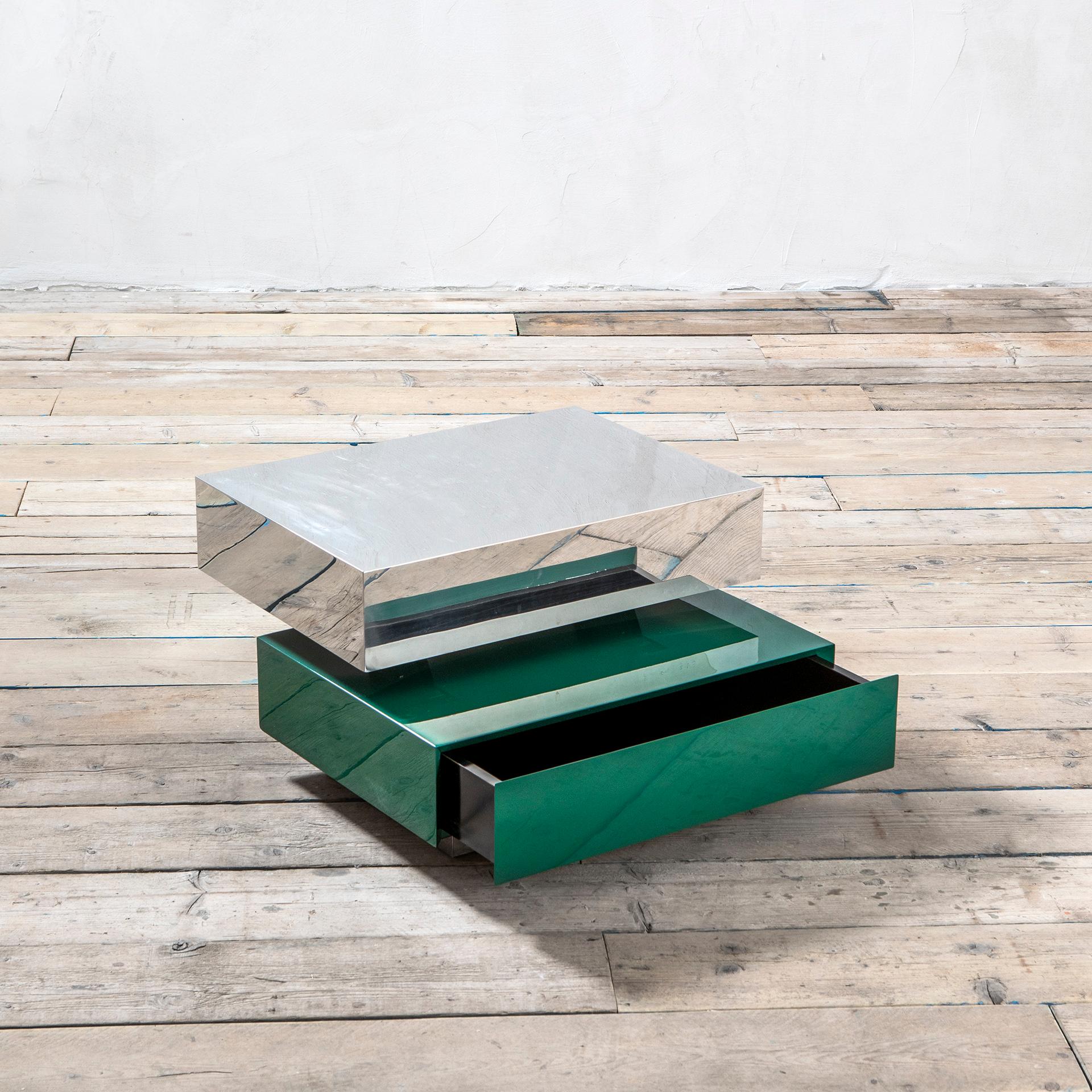 Lacquered 20th Century Gabriella Crespi Plurimi Table in Wood and Metal Green and Silver For Sale