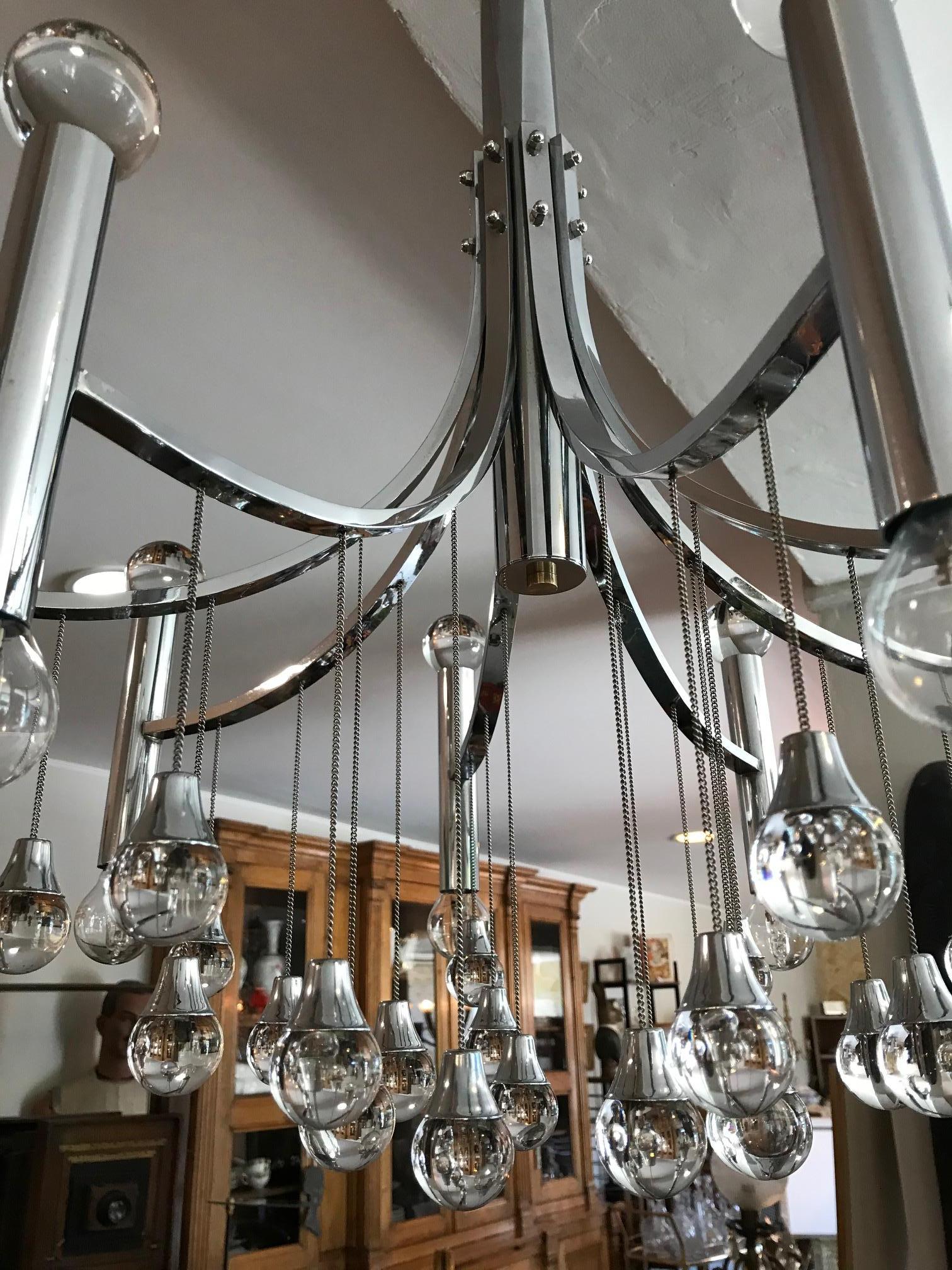 20th Century Gaetano Sciolari Glass and Chromed Metal Chandelier, 1970s In Good Condition In LEGNY, FR
