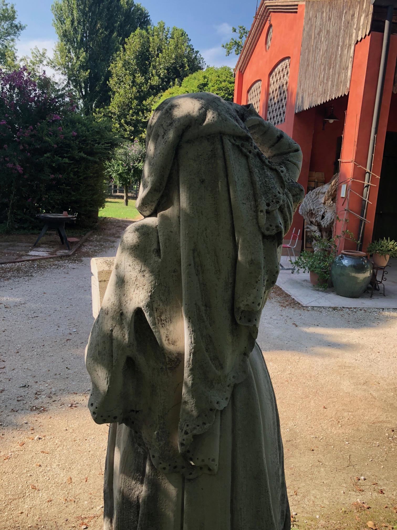 A decorative cement garden statue part of a set of 8 statues.
Sculpture total height: 200 cm
Base dimensions: 60 cm x 60 cm
Period: first years of the 20th century
Provenance: Italy, important house near the city of Padova (Italy)
In good state
