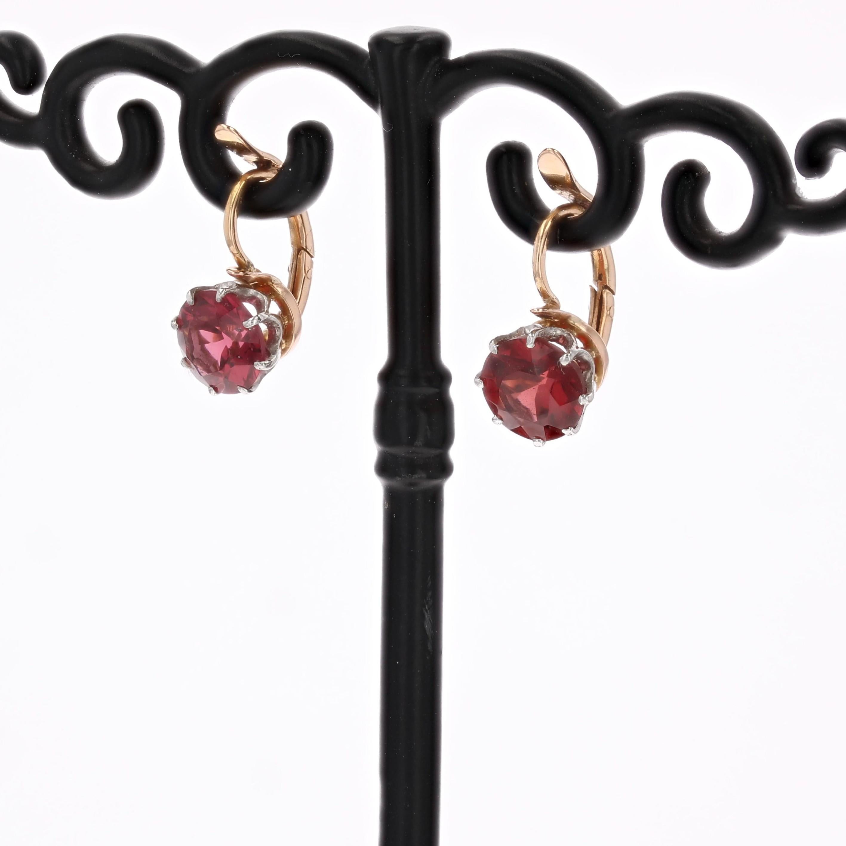 Belle Époque 20th Century Garnet 18 Karat Rose Platinum Gold Lever- Back Earrings For Sale