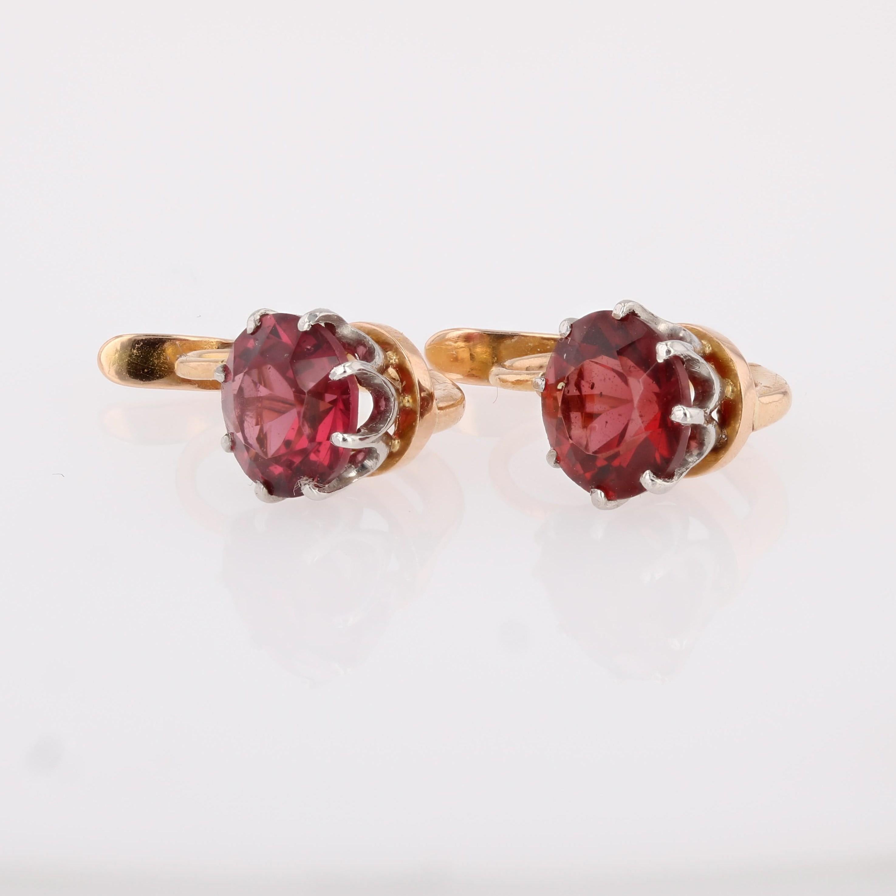 20th Century Garnet 18 Karat Rose Platinum Gold Lever- Back Earrings In Excellent Condition For Sale In Poitiers, FR