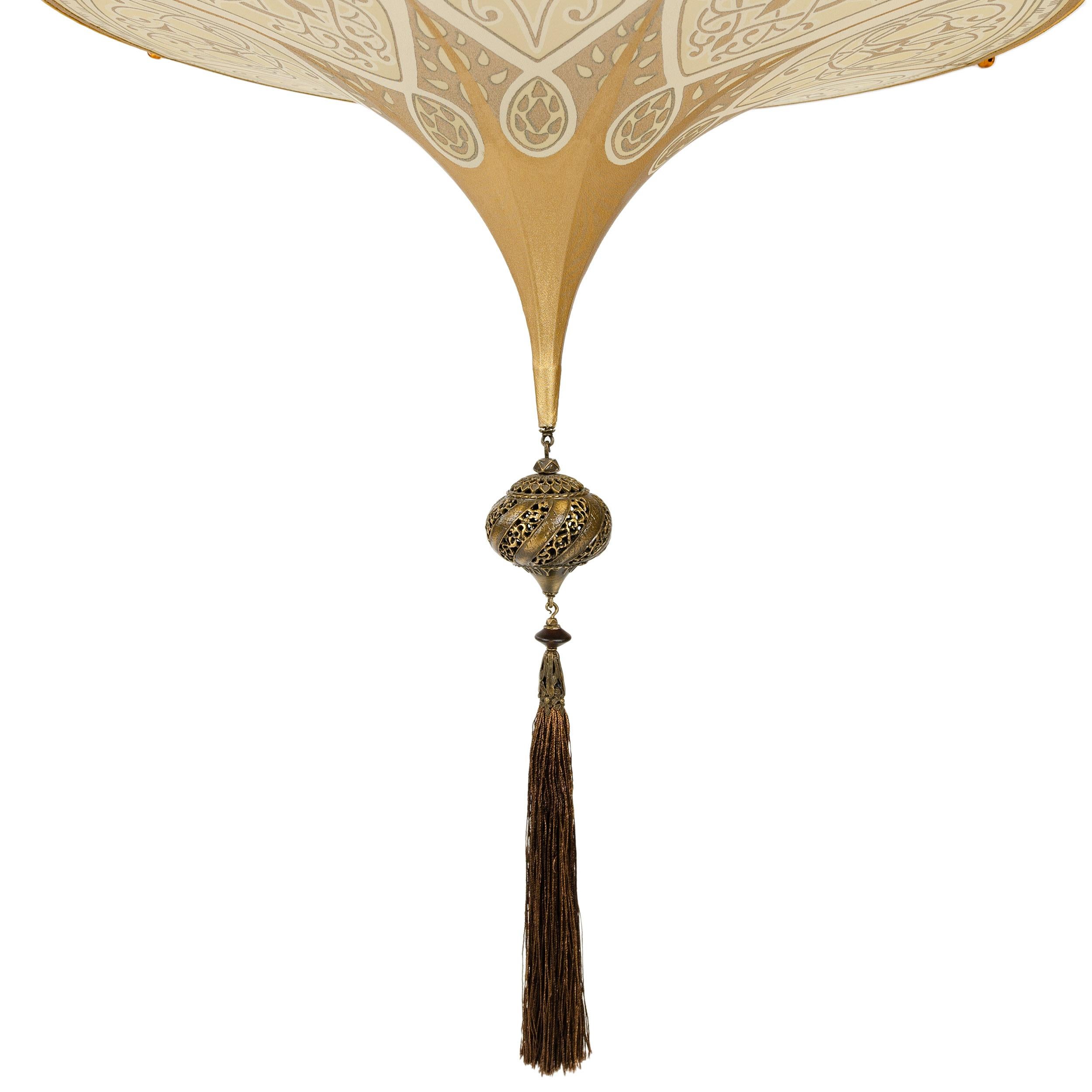 Brass 20th Century Geometric Silk Pendant Lamp by Fortuny