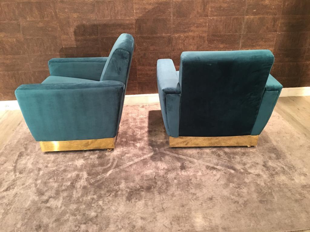 20th Century Geometrical Italian Blue Velvet and Brass Pair of Armchairs 5