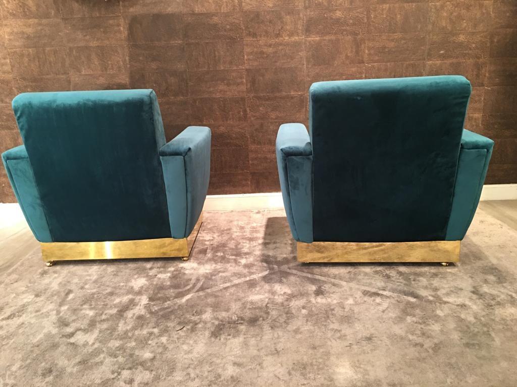 20th Century Geometrical Italian Blue Velvet and Brass Pair of Armchairs 1