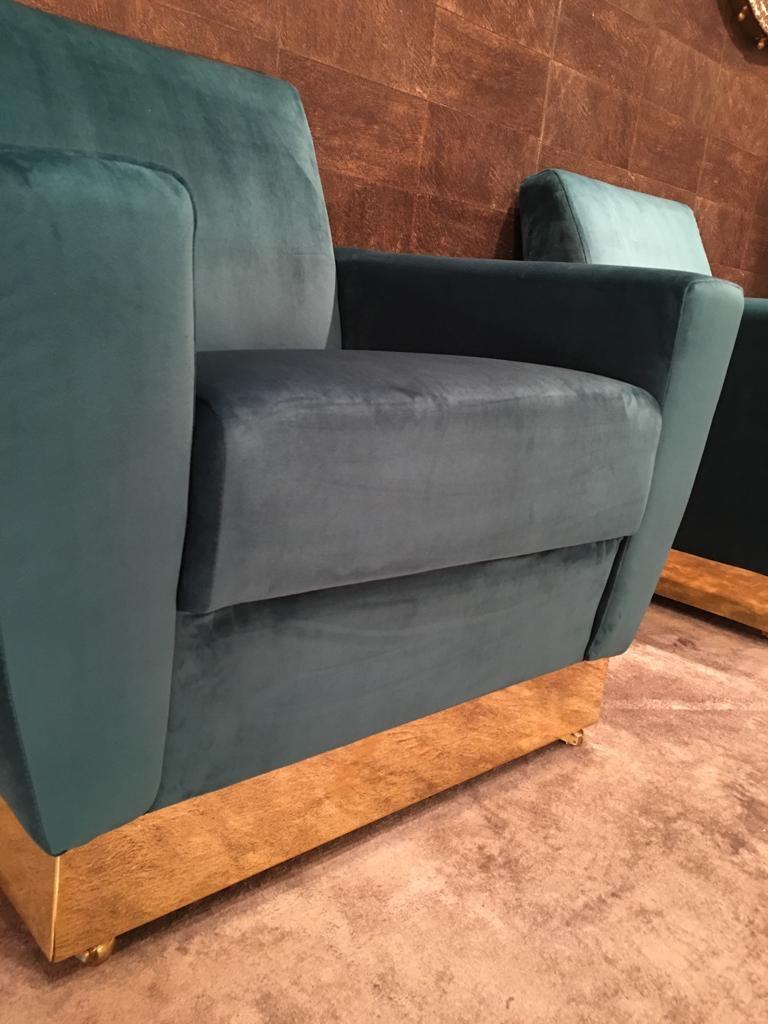 20th Century Geometrical Italian Blue Velvet and Brass Pair of Armchairs 2