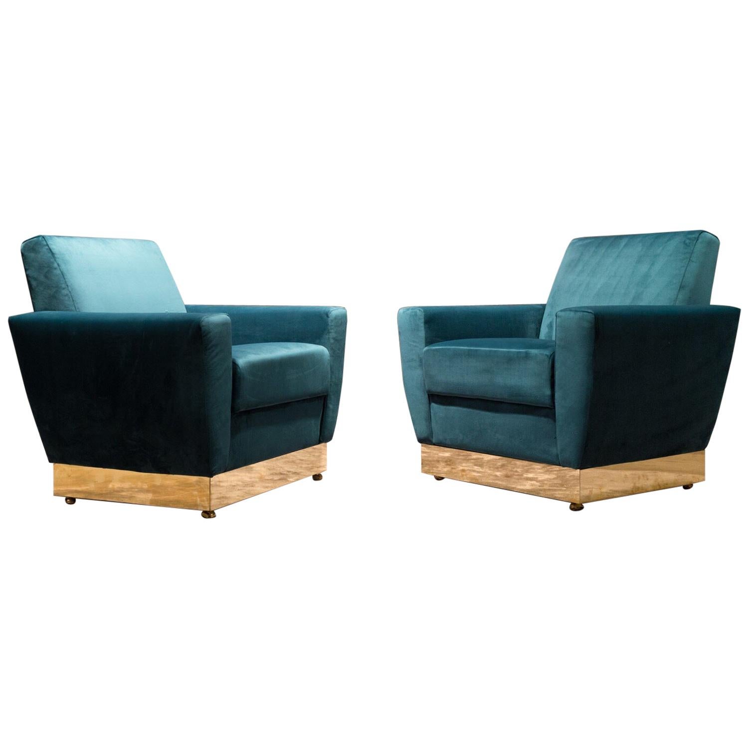 20th Century Geometrical Italian Blue Velvet and Brass Pair of Armchairs