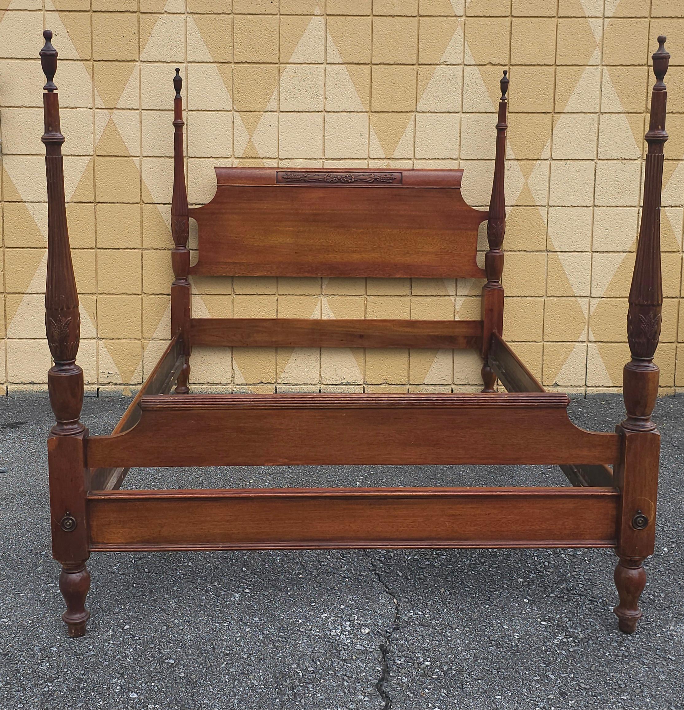 20th Century George III Style Carved Mahogany  Semi-Poster Full Size Bed. Measures 58