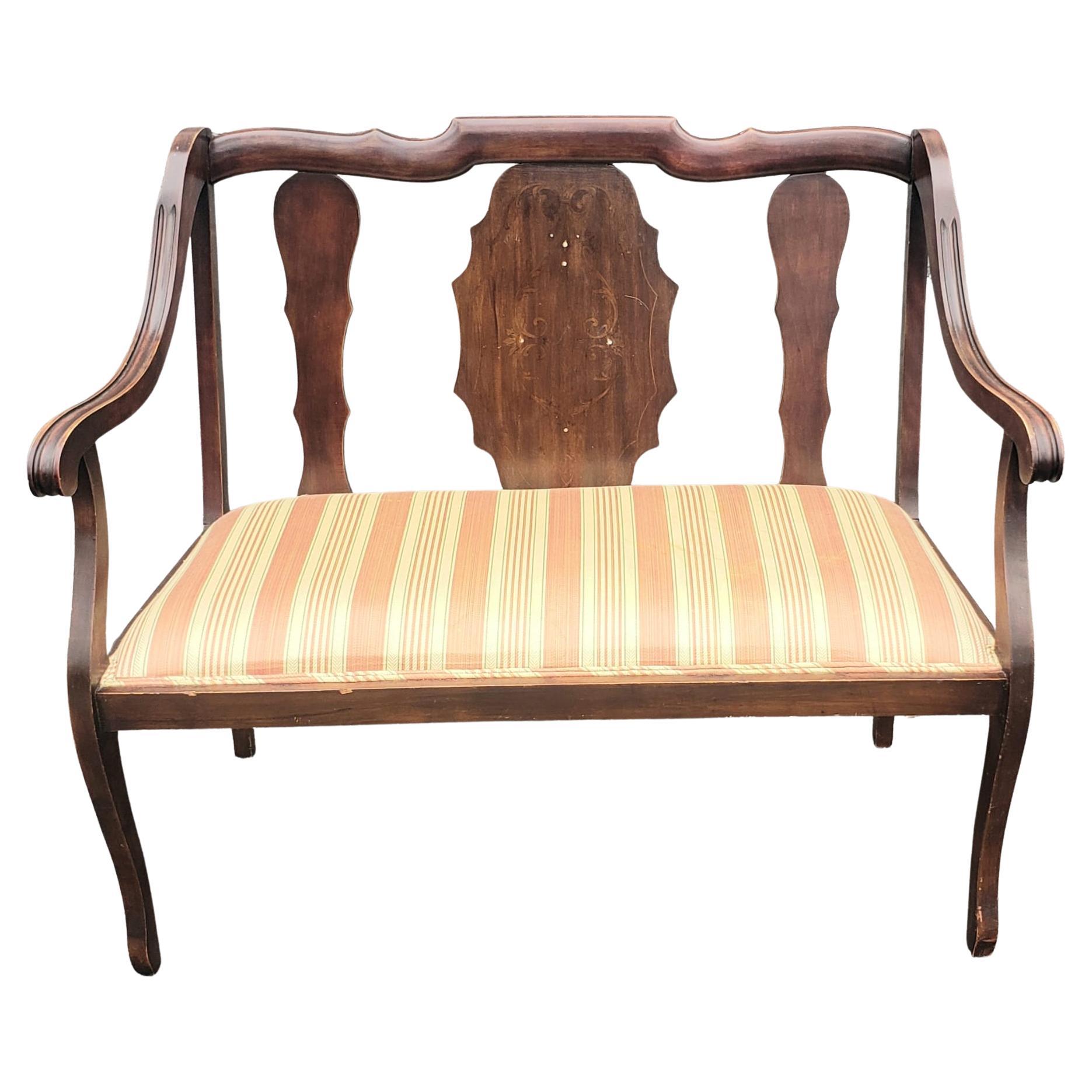 George III Style Walnut with inlay and Upholstered Seat settee in good vintage condition.
Measures 41.5